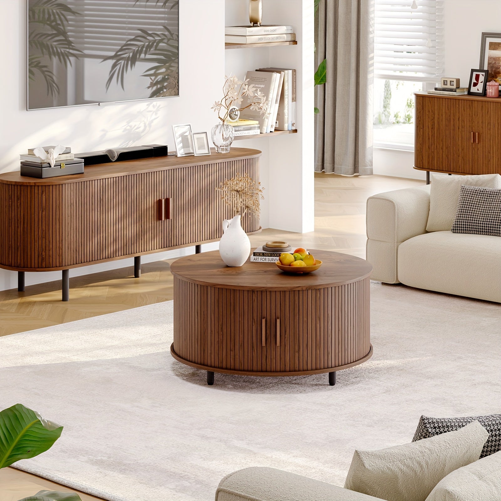 Modern Round Coffee Table with Storage, Solid Wood & Metal Frame, Engineered Wood Top, Space-Saving Design, Hardwood Construction, with Grooved Walnut Finish for Living Room