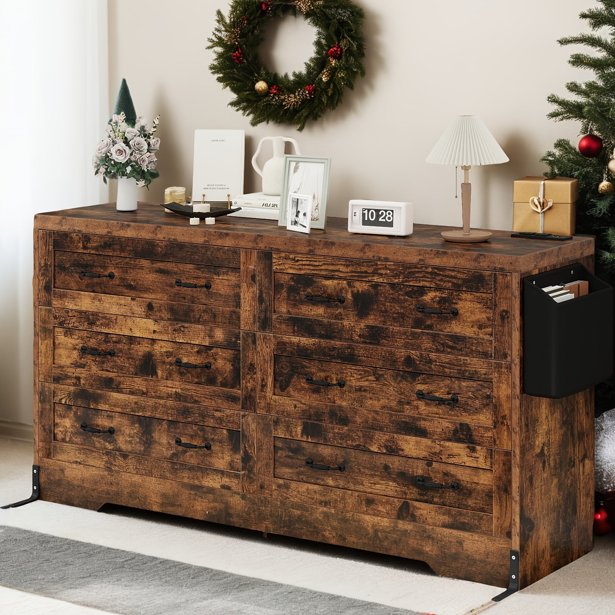 Rustic Brown Wood Dresser with Six Drawers, Charging Station, and Bag