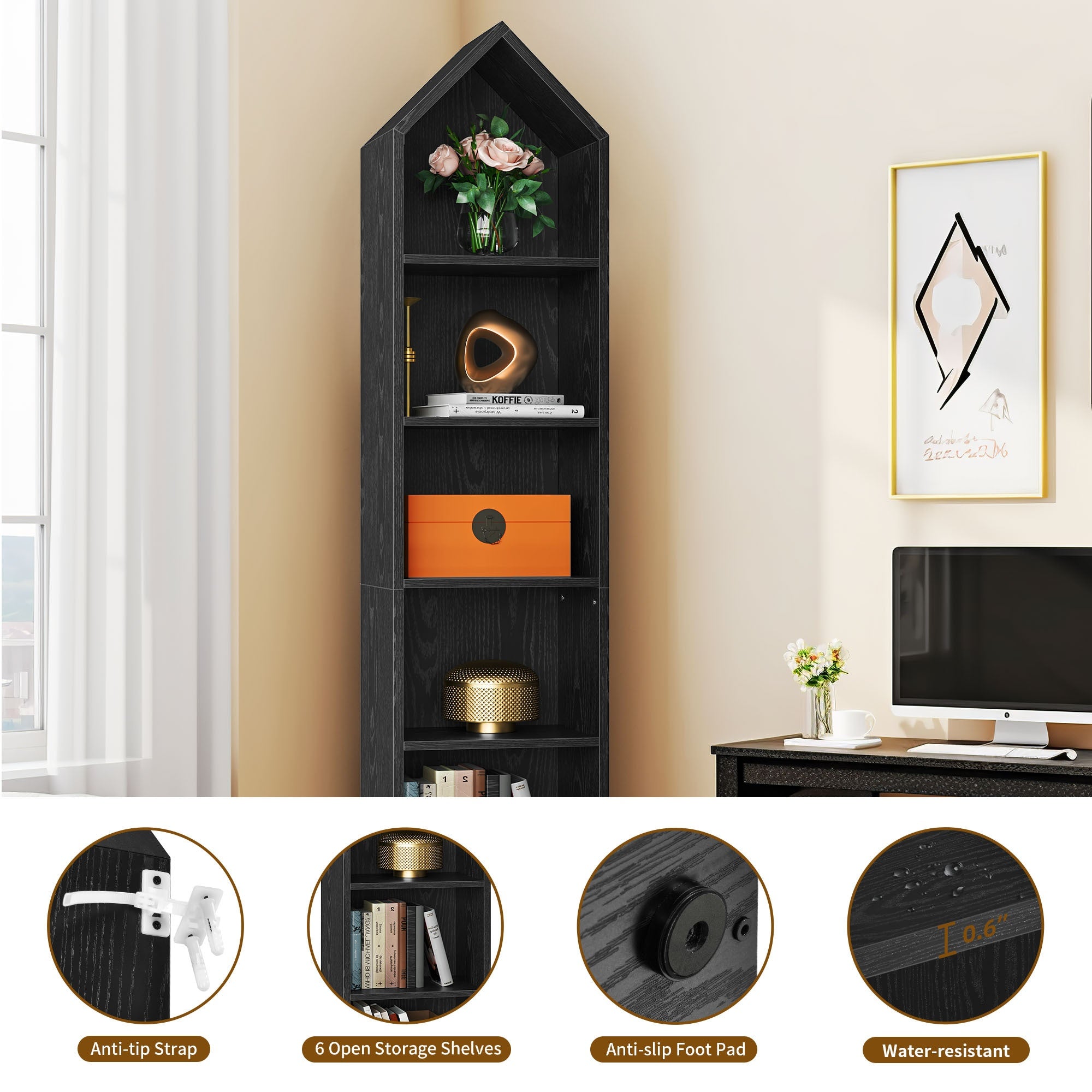 Modern 6- Cube Bookshelf with Adjustable Shelves for Flexible Organization - Embossed black wood panel - Bookshelf