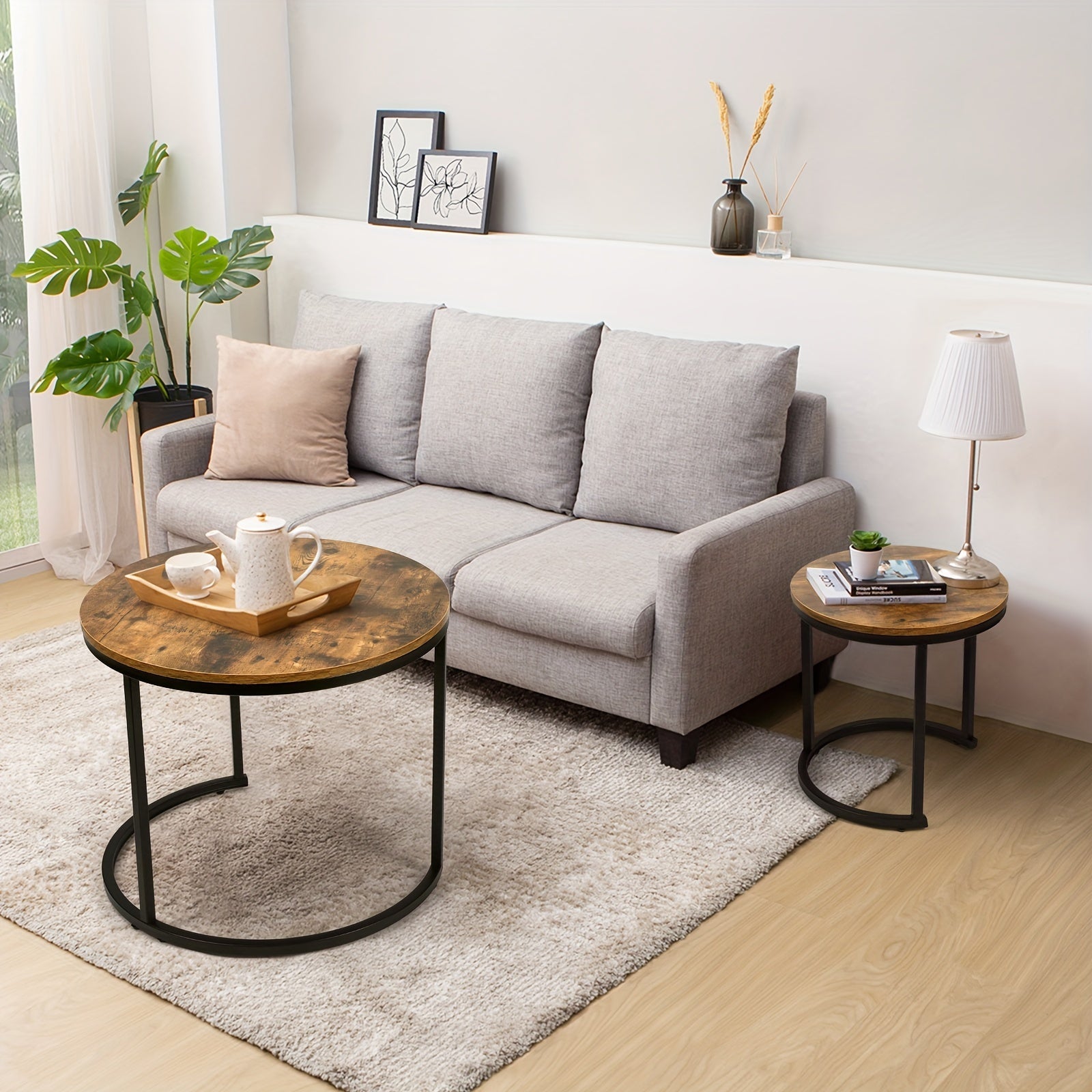 Coffee Tables for Living Room - Small Round Set of 2 Center Table with Solid Wood Grain Table Top and Sturdy Metal