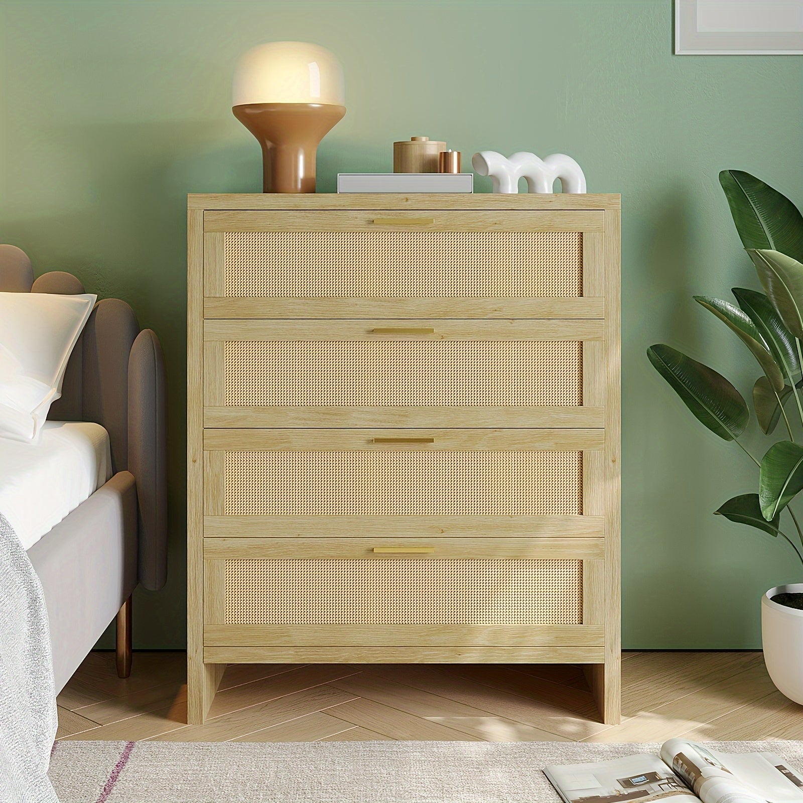 41.5"T Rattan Chest With 4 Drawers & Metal Handles