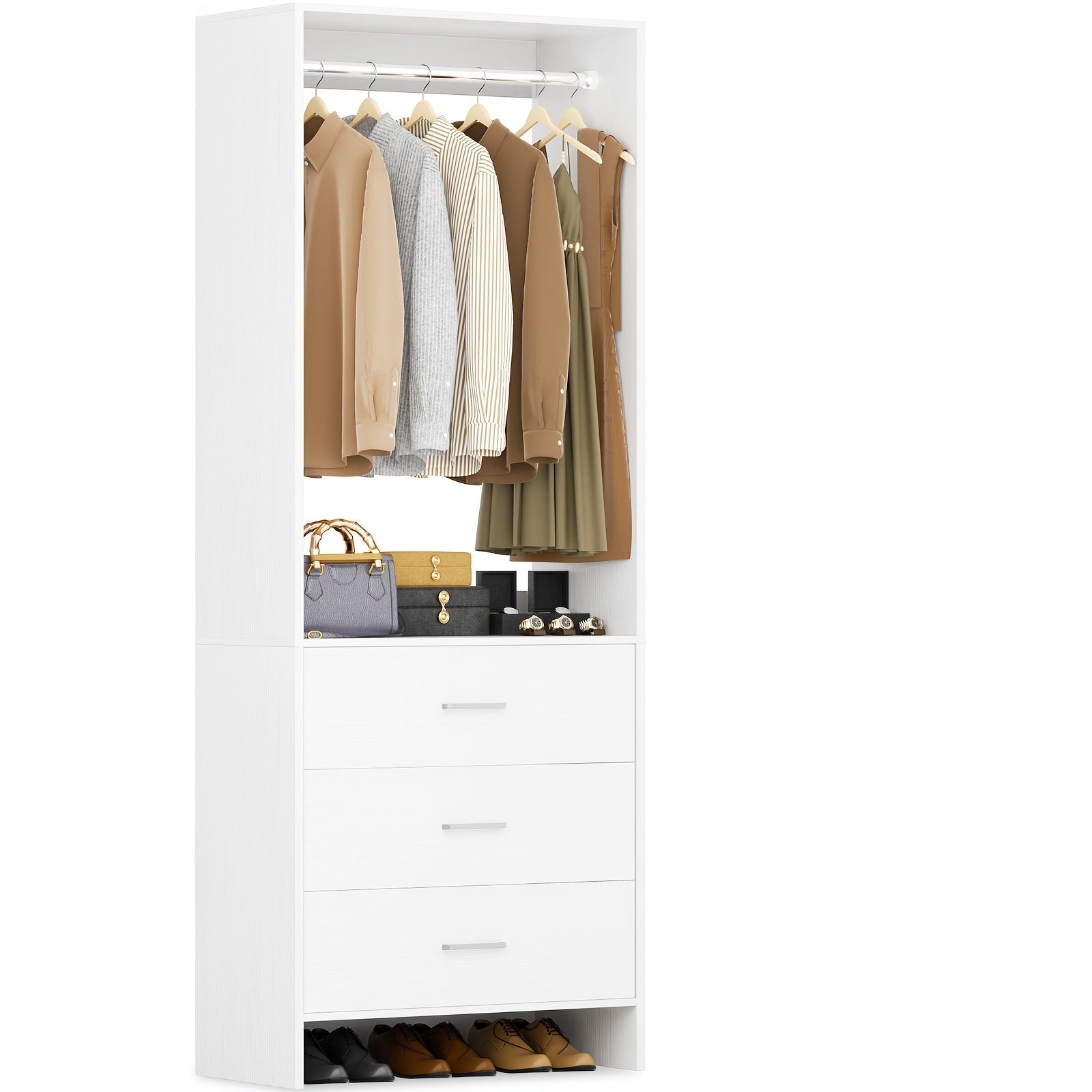 2ft Closet System with 3 Drawers, 24' Closet Organizer, Wooden Closet Organizer System, Walk-in Closet or Small Closets Wardrobe, Clothes Rack with Hanging Rods