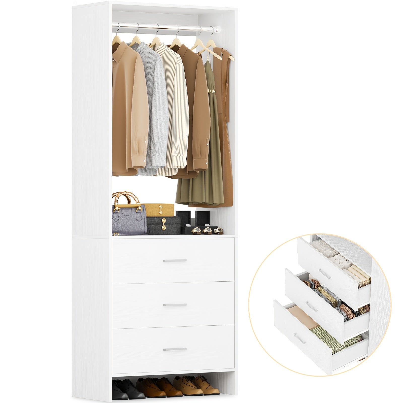 2ft Closet System with 3 Drawers, 24' Closet Organizer, Wooden Closet Organizer System, Walk-in Closet or Small Closets Wardrobe, Clothes Rack with Hanging Rods