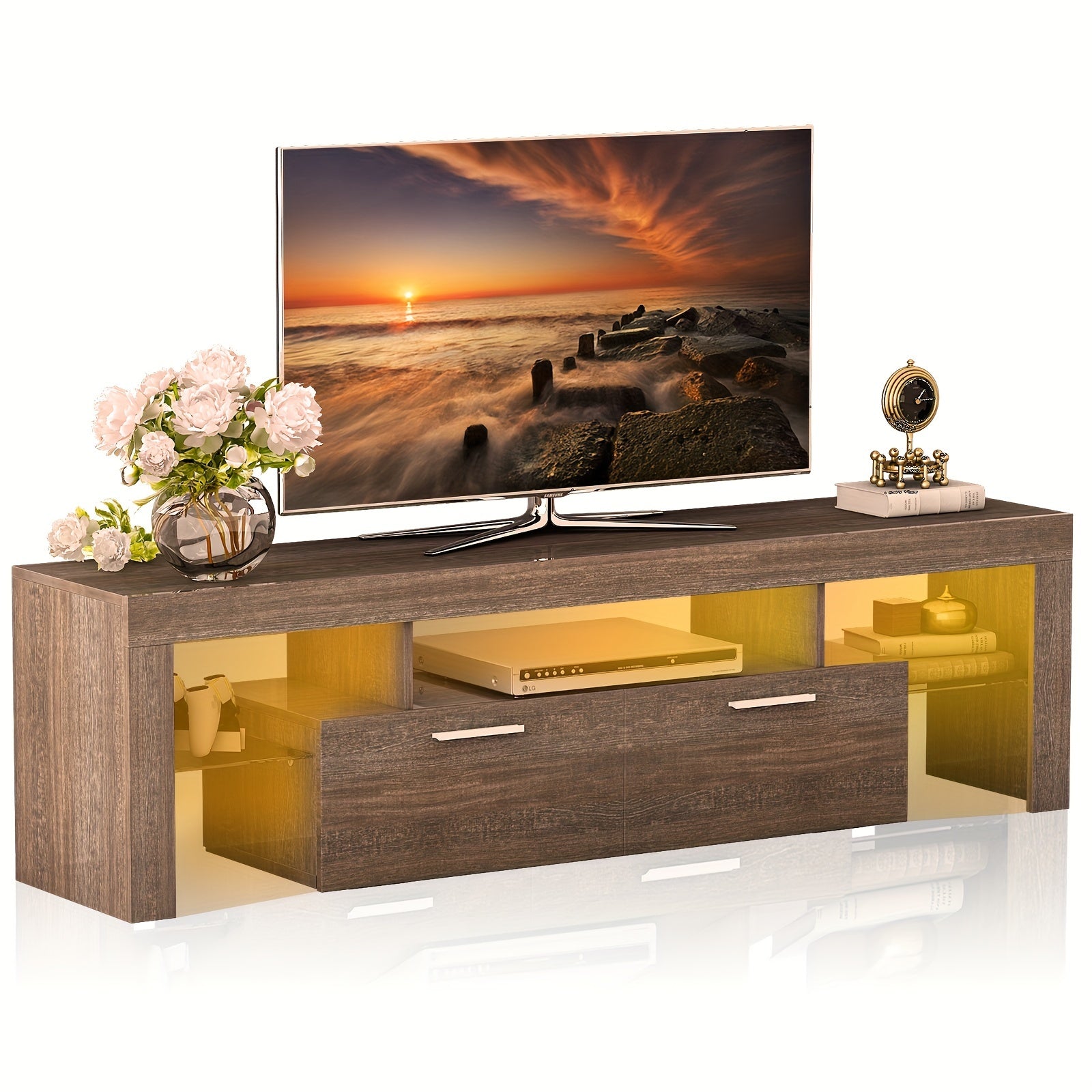 Modern LED 63 inch Long TV Stand for 65 70 75 Inch TV, Black and White Gaming Entertainment Center with Large Drawers and Light, Luxury High Glossy Television Table Center Media Console with Storage and Glass Shelves for Bedr