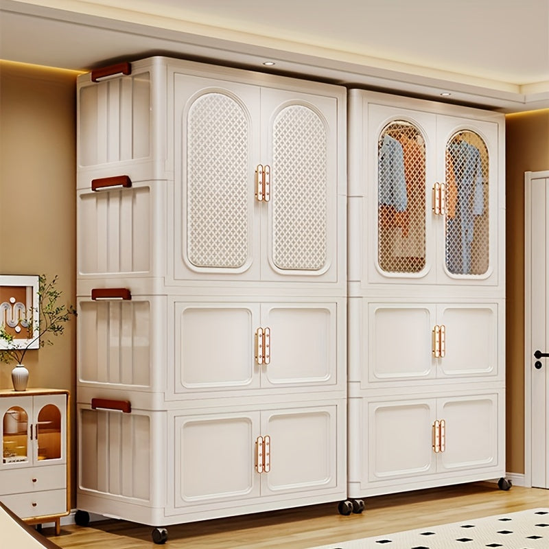 Multifunctional Wardrobe Organizer, Easy to Assemble, Plastic Storage Bins with Lids, Closet Organizers And Storage Cabinets, Foldable Clothes Storage Cabinets, Front Double Doors Or Top Lid Opens, Magnetic Lock Design, Cream