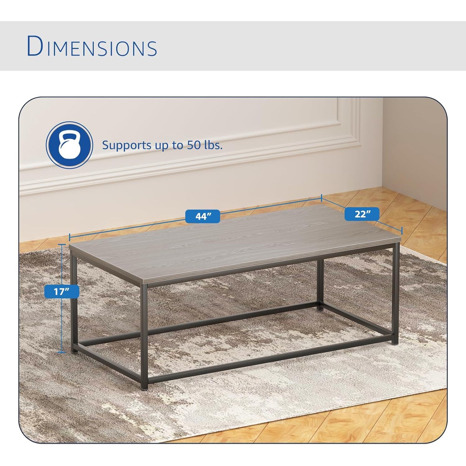 Modern Industrial Style Rectangular Coffee Table for Living Room, Bedroom - Rustic Accent Minimalistic Furniture with Wood Grain Top & Metal Frame - Center TV Table