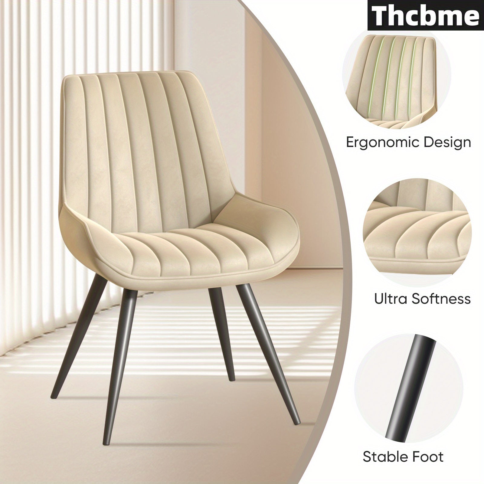 Beige Dining Chair Set of 4 - Comfy Upholstered Fabric with Thick Cushions, Modern Kitchen Side Chairs with Metal Legs, THCBME