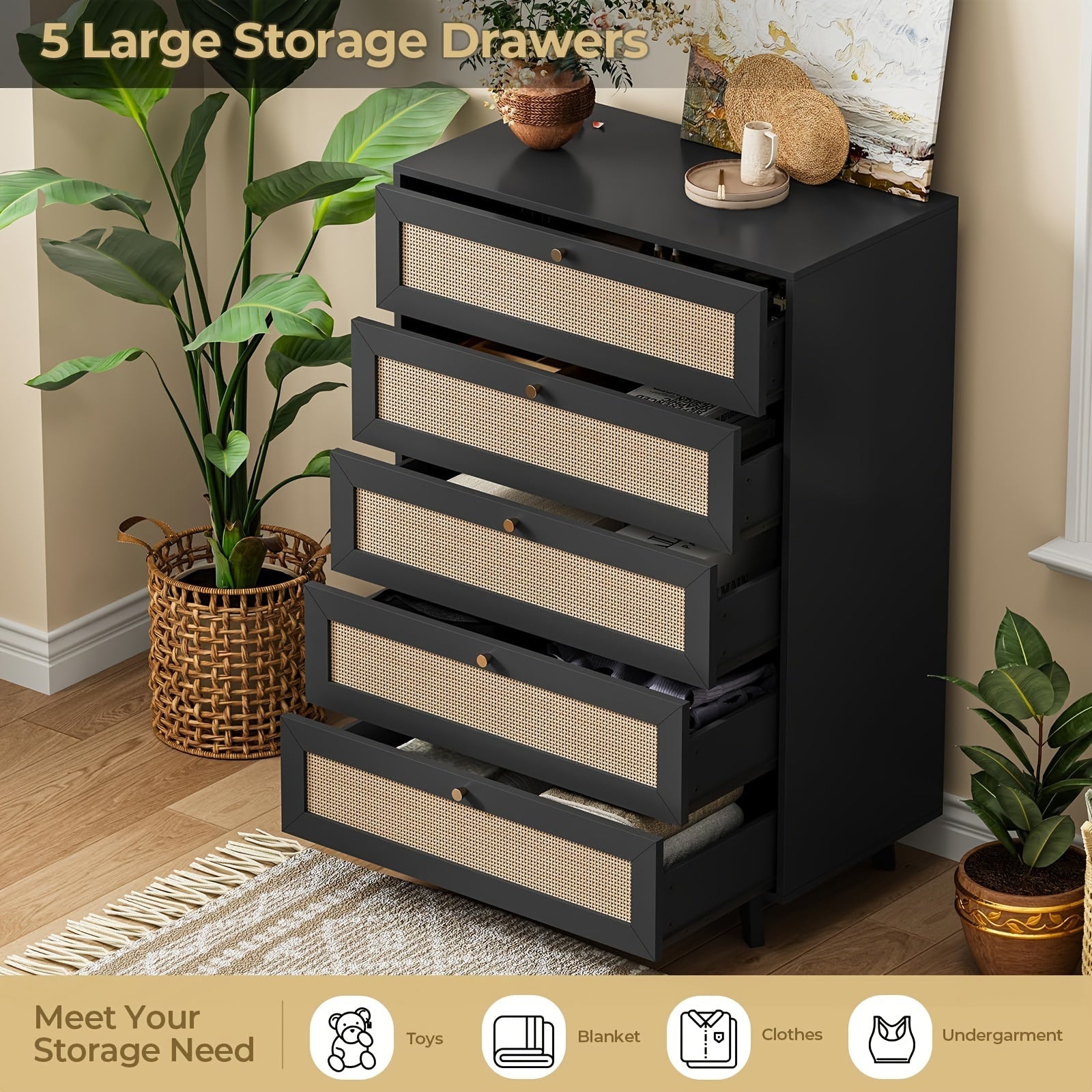 5 Drawer Dresser, Modern Rattan Chest Of Drawers With Metal Handle, Nature/Black