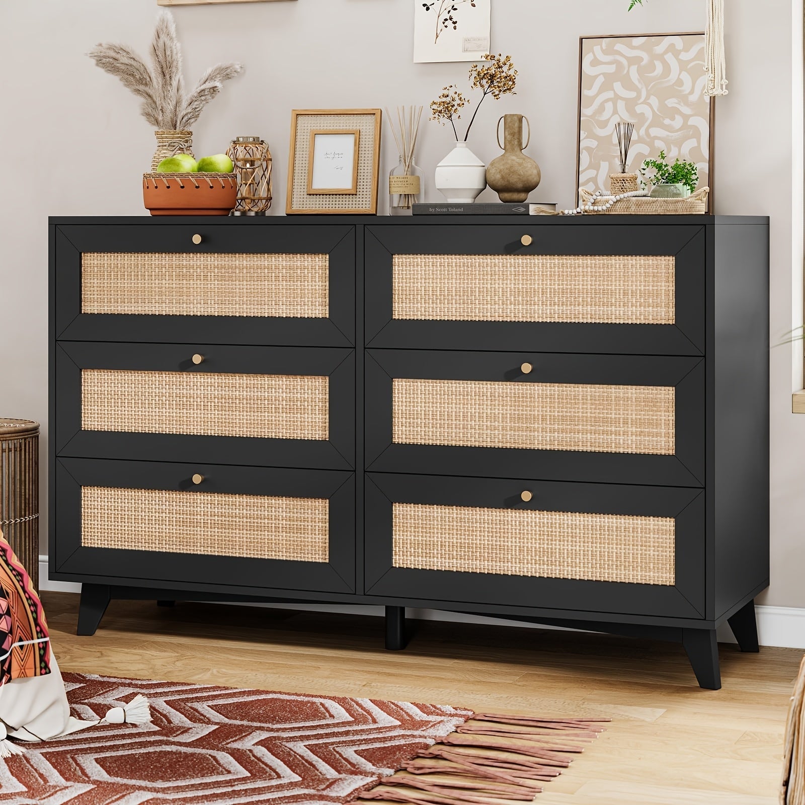 47.2'' Black Natural Rattan Dresser For Bedroom With 6 Drawers, Modern Double Wooden Wide Bedroom Dresser, Chest Of Drawers With Metal Handle & Solid Wood Legs For Bedroom/Living Room