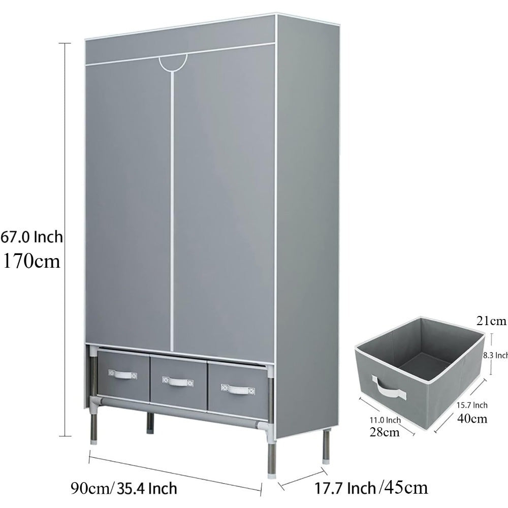 Portable Wardrobe Sliding Door Wardrobe, with Hanging Rack and Non-woven Storage Rack, with Three Drawer Boxes, No Tools Required for Assembly - 67in*35.4in*17.7in Gray, Portable Closets