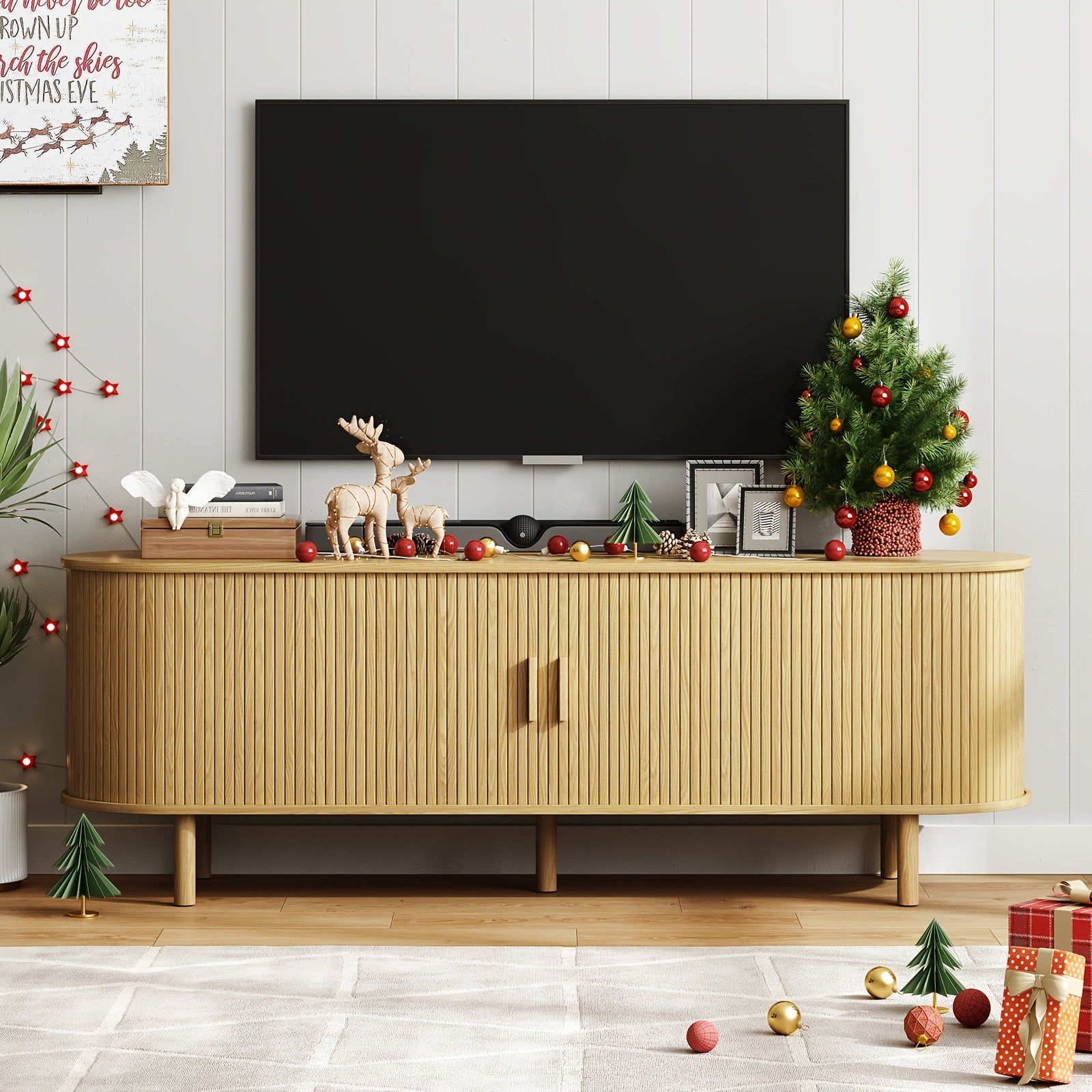 Modern Oak TV Stand with Power Outlet - 63" Entertainment Center for TVs Up to 70", Adjustable Shelves, Sliding Doors, and Storage - Perfect for Living Room or Bedroom, Festive Decor Storage|Rustic Oak Finish|Natural Wood App