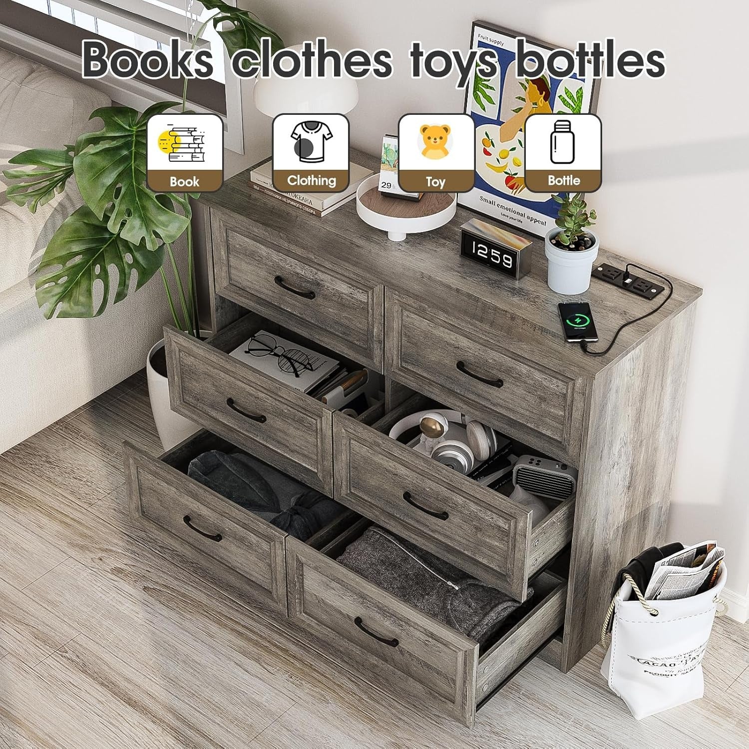 Spacious 6-Drawer Dresser with Charging Station - Wide Vanity Organizer for Bedroom & Hallway, Wooden with Metal Handles, Ash Grey