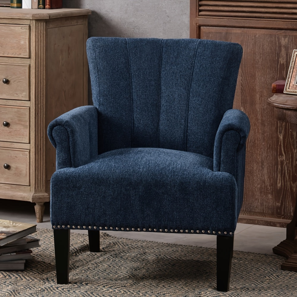 1pc Navy Blue Tufted Accent Armchair - Solid Wood Frame, Polyester Upholstery, Foam Padding, Rivet-Trimmed, Non-Adjustable, Dry Clean Only, Ideal for Hard Floors - Stylish Comfortable Chair