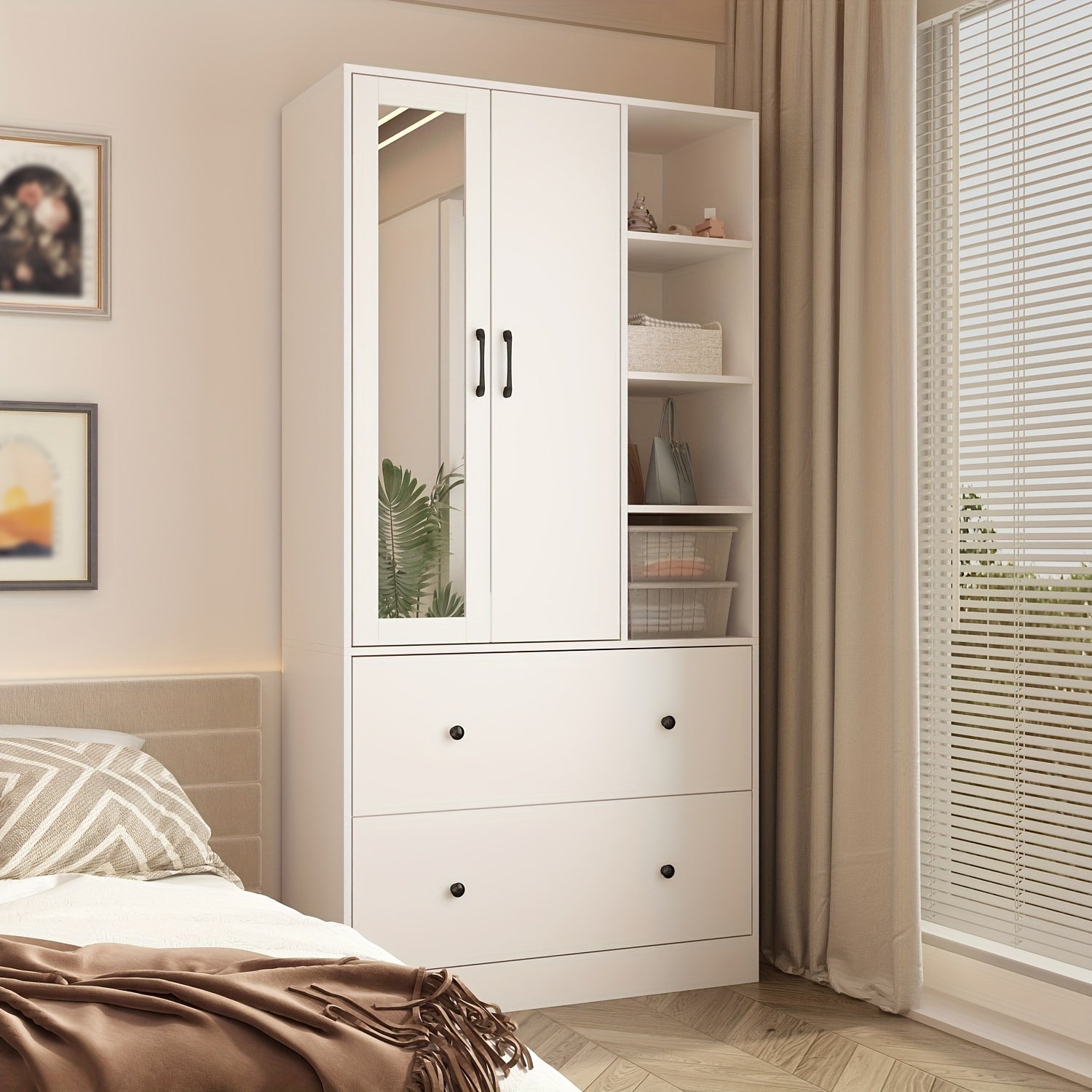 mirrored wardrobe with 2 drawers, 2 cabinet doors, and open shelves, large storage space, white