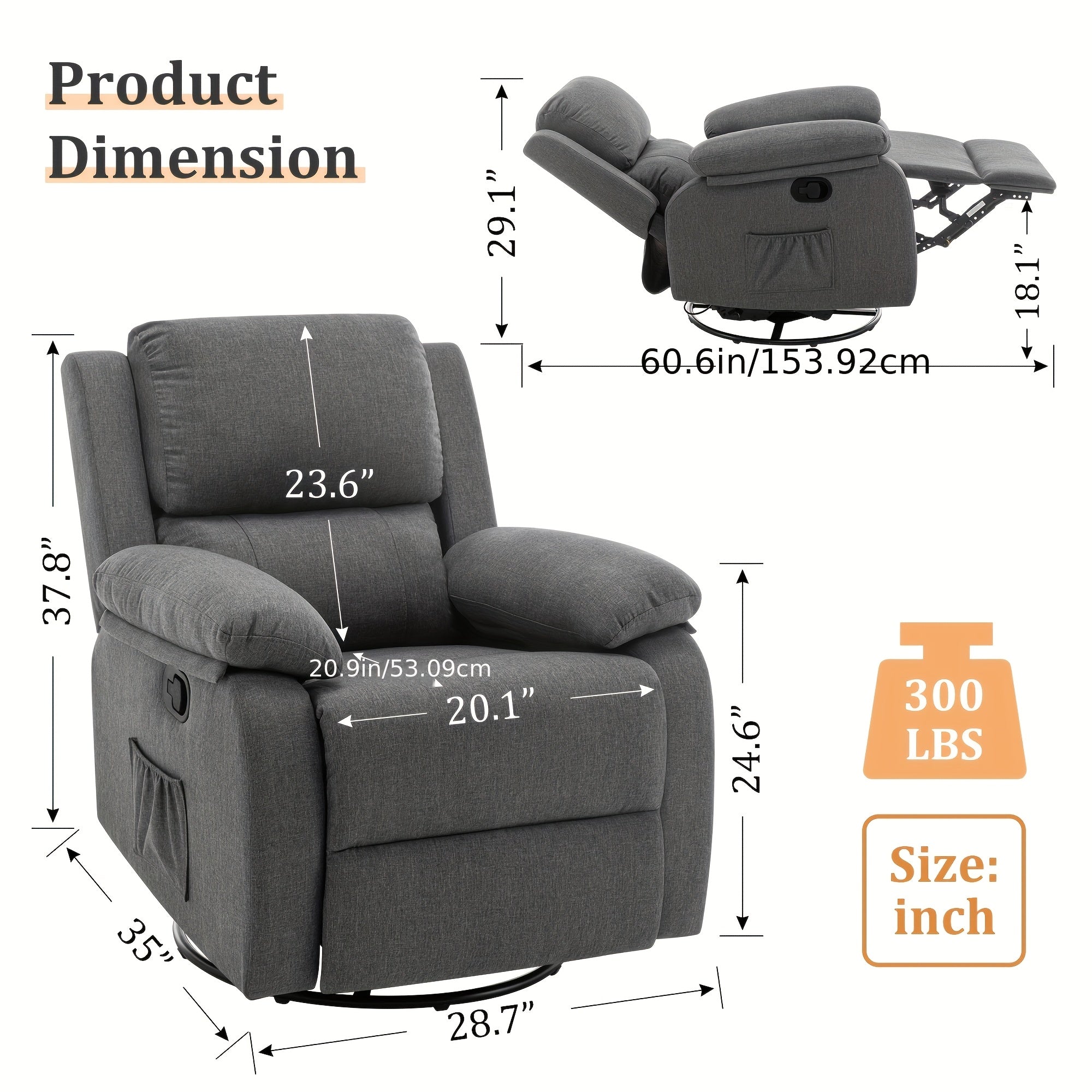 Compact 360-Swivel Recliner Chair with Side Pockets - Upholstered Fabric, Perfect for Small Spaces & Relaxation