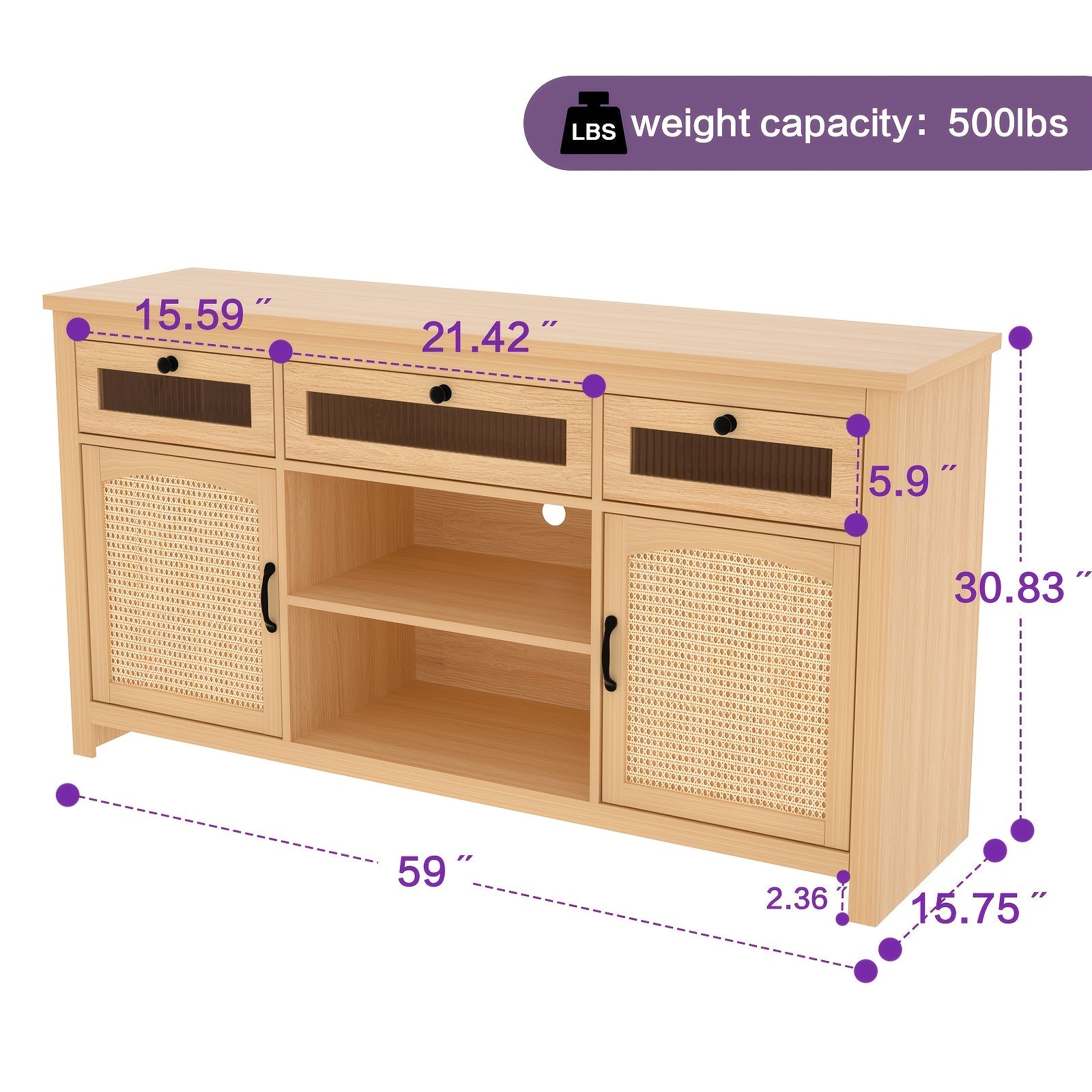 Boho-Chic 59" Rattan TV Stand with LED Backlight - Contemporary Wooden Media Console for Living Room, Bedroom | Includes Storage Cabinets & Drawers | Durable MDF Top | Versatile Use