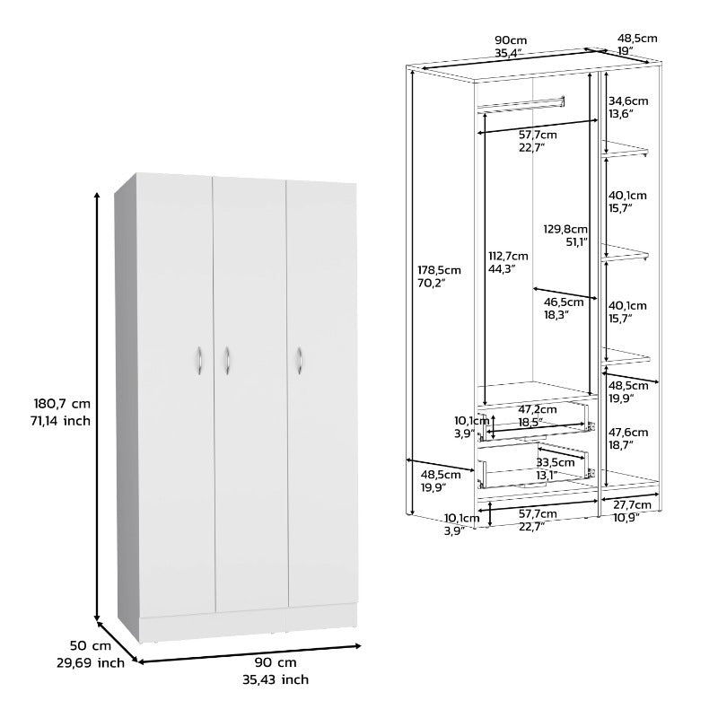 White 71" Tall Wardrobe Armoire with 3 Doors & 2 Drawers - Spacious, Sturdy Metal Construction for Easy Assembly, Versatile Use