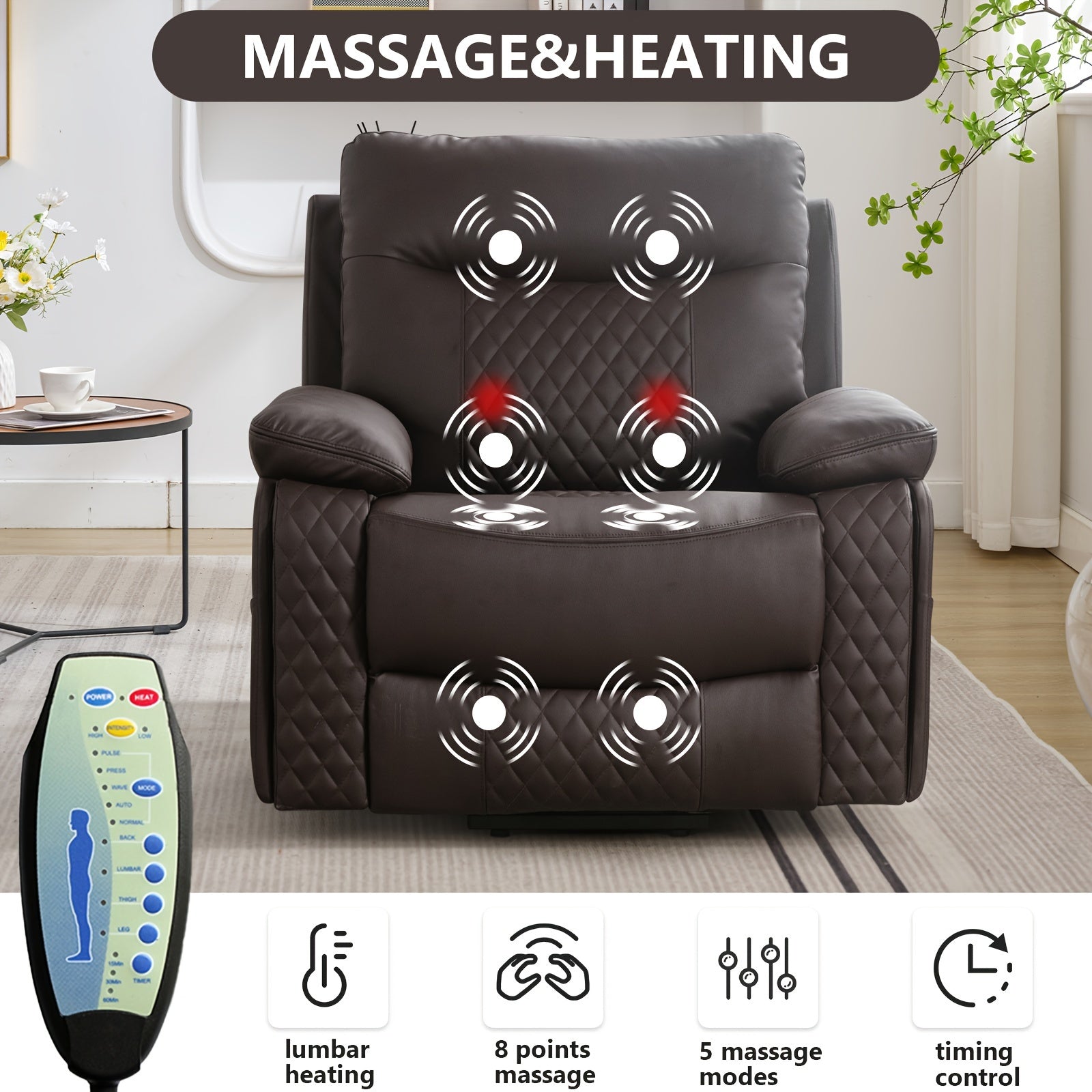 Modern Diamond Fabric Design Power Reclining Heated Massage Chair With USB And Dual Hidden Cup Holders, Large Comfortable Soft Functional Seat