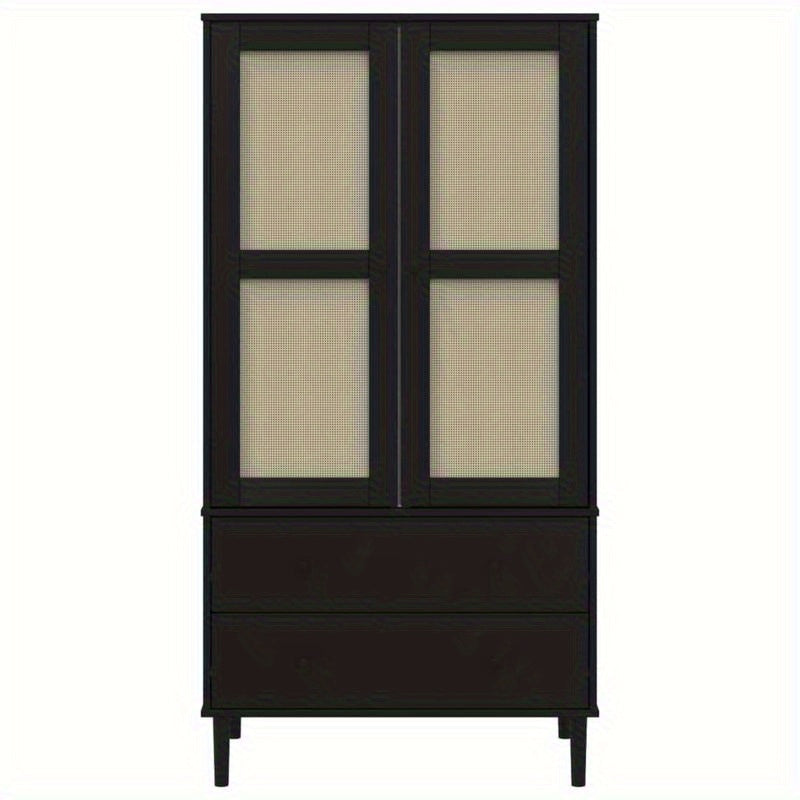 Wardrobe Rattan Look Black 35.4"x21.7"x68.9" Solid Pine