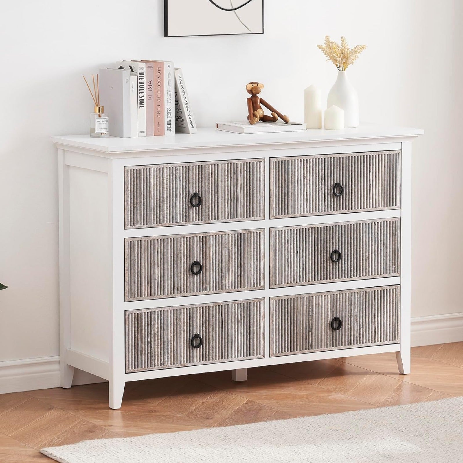 6 Drawer Dresser, 47.2" Wide Modern Chest of Drawers Bedroom and Living Room Cabinet Organizer Storage, Fluted Design Dresser Tv Stand, Closet, White Grey