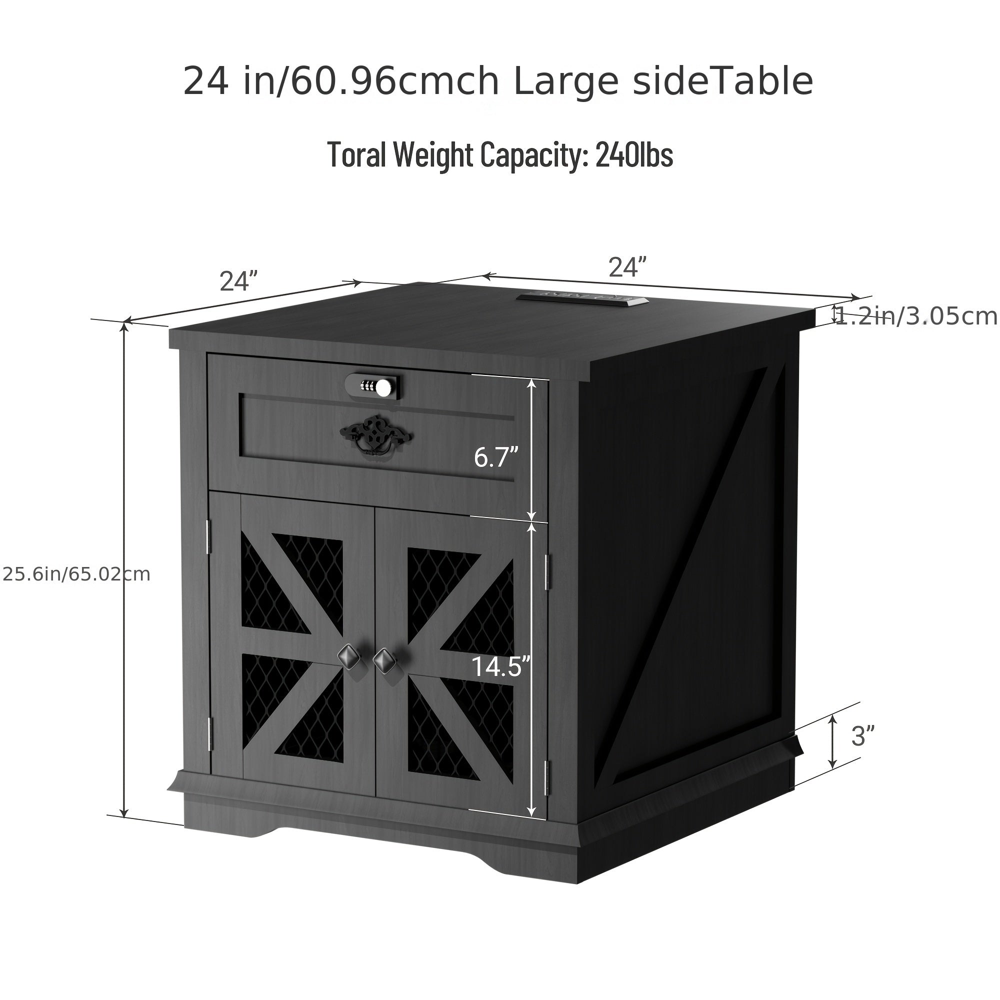 Chic 24" Farmhouse Nightstand with Charging Station - Black Metal Wire Mesh Barn Door Design, Adjustable Storage Shelves, Perfect for Bedroom & Living Room