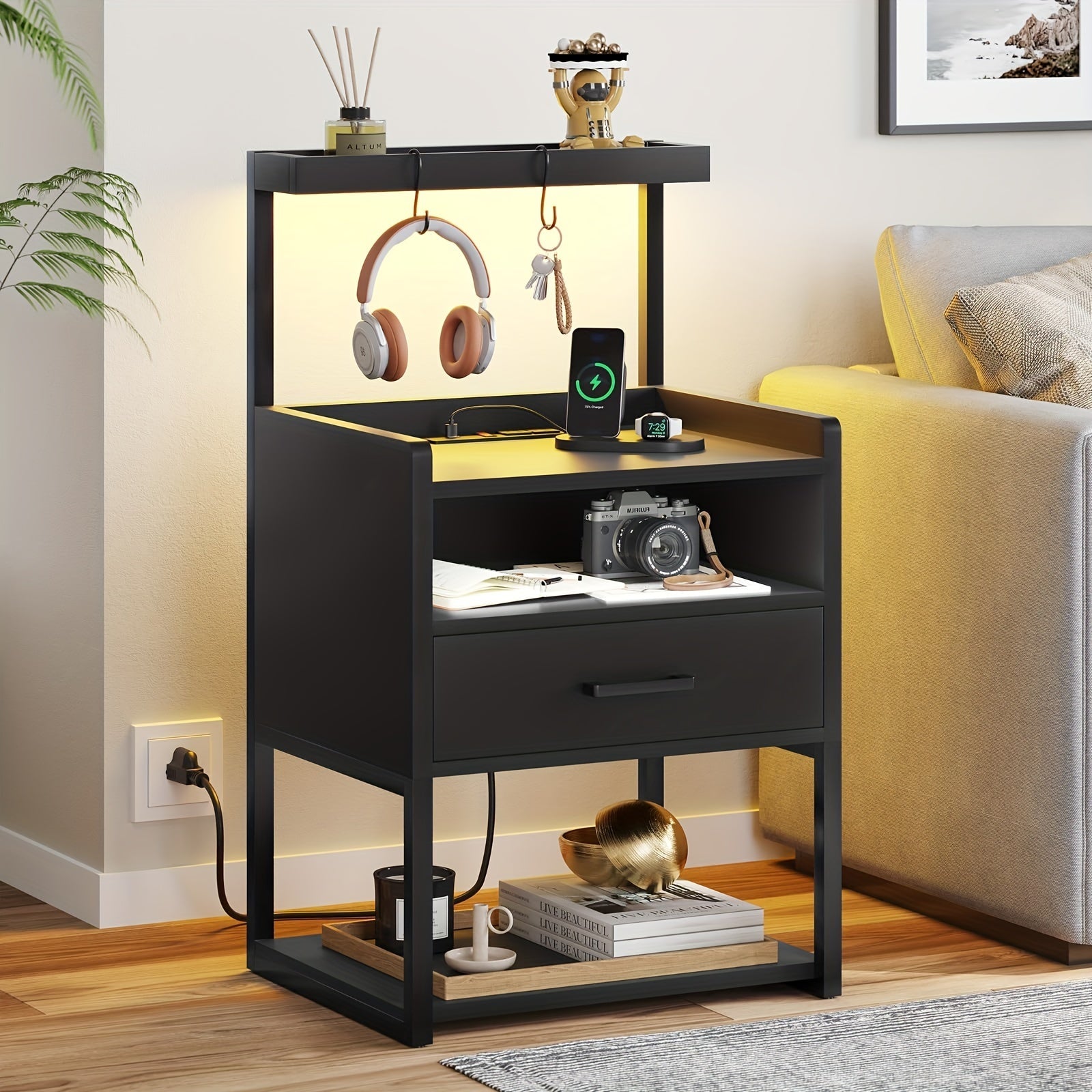 Nightstand With LED Lights Black Night Stand With Drawer Modern End Side Table With Open Storage Shelves Bedside Tables