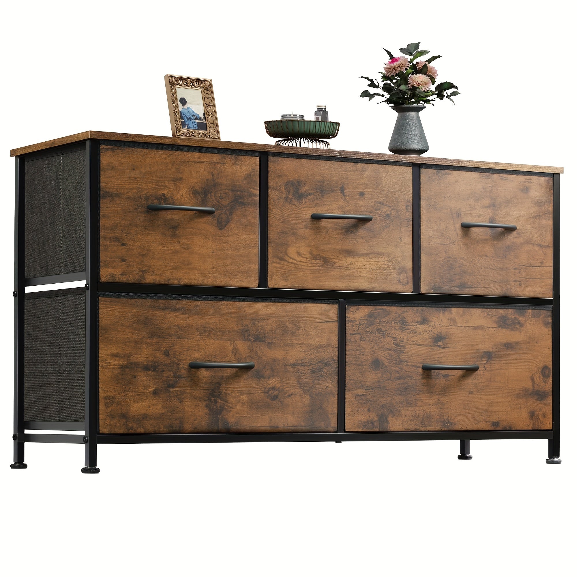 Modern 5-Drawer Fabric Storage Dresser - Freestanding Wood Frame Organizer for Bedroom & Living Room - Rustic Brown