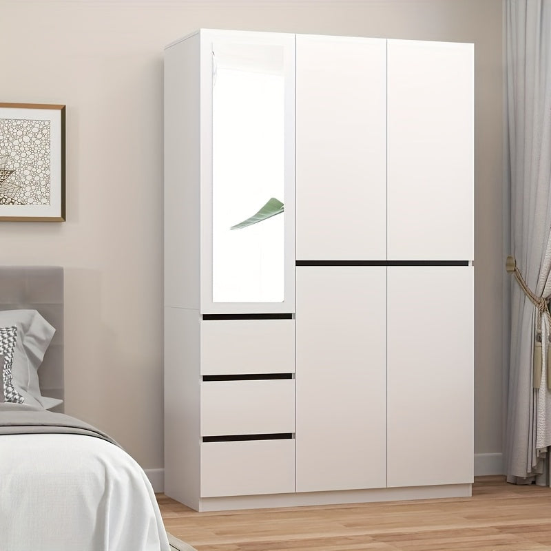 White 3-Door Armoire Wardrobe Closet with Mirror - Modern Minimalist Design, Lockable, Freestanding with 3 Drawers & Hanging Rods, Pine Wood Construction for Bedroom Elegance (20.5" D x 47.24" W x 74.8" H), Bedroom De