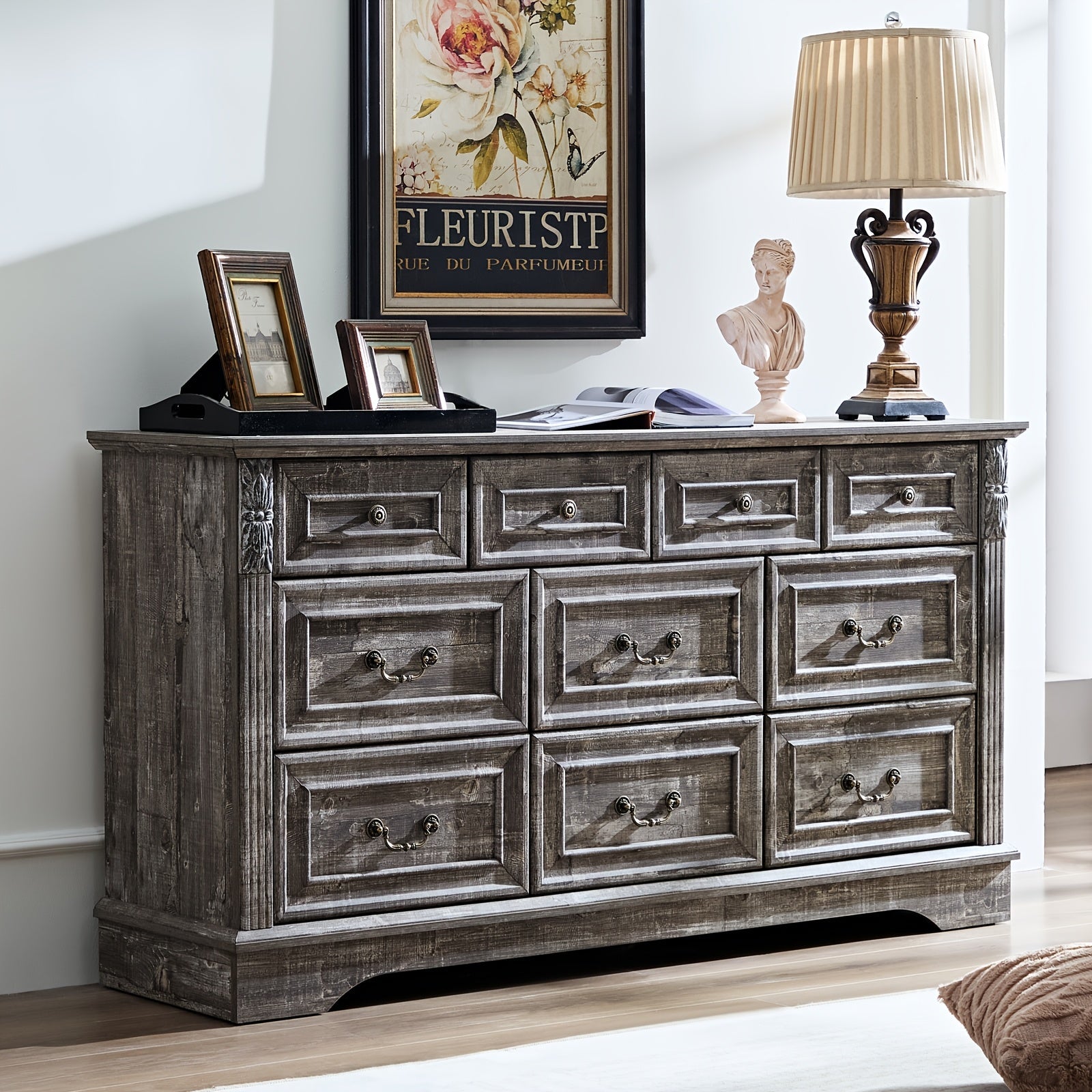 Farmhouse Dresser For Bedroom, 54" Wide 7 Drawers Dresser, Wood Dresser For Bedroom, Grey 10 Chest Of Drawers With Thickened Wood Carving For Closet, Hallway