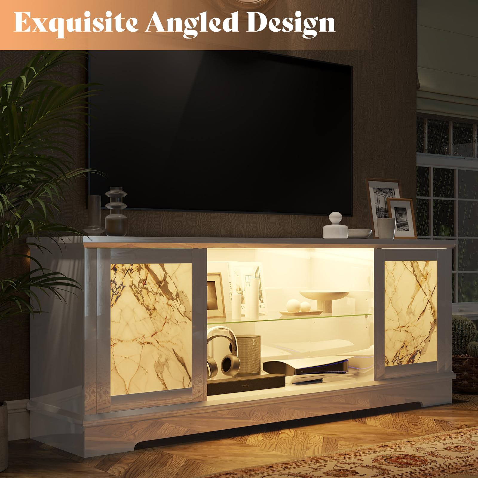 63" Natural Marble TV Stand - A Sleek and High-Gloss Entertainment Center with LED Illumination and Pine Wood Legs, an Elegant White TV Console Cabinet Suitable for TVs Up to 73"