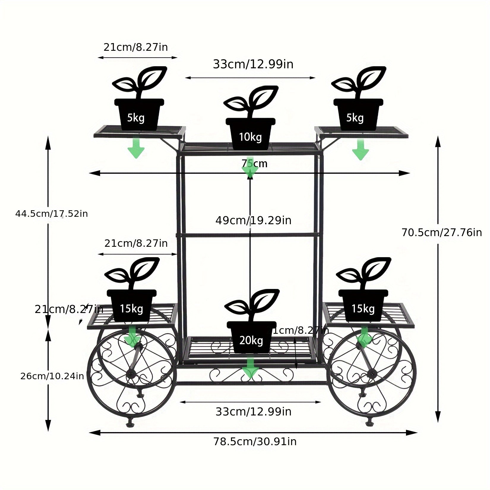 6-Tier Metal Garden Cart Stand Iron Plant Rack Home Porch Flower Display Holder