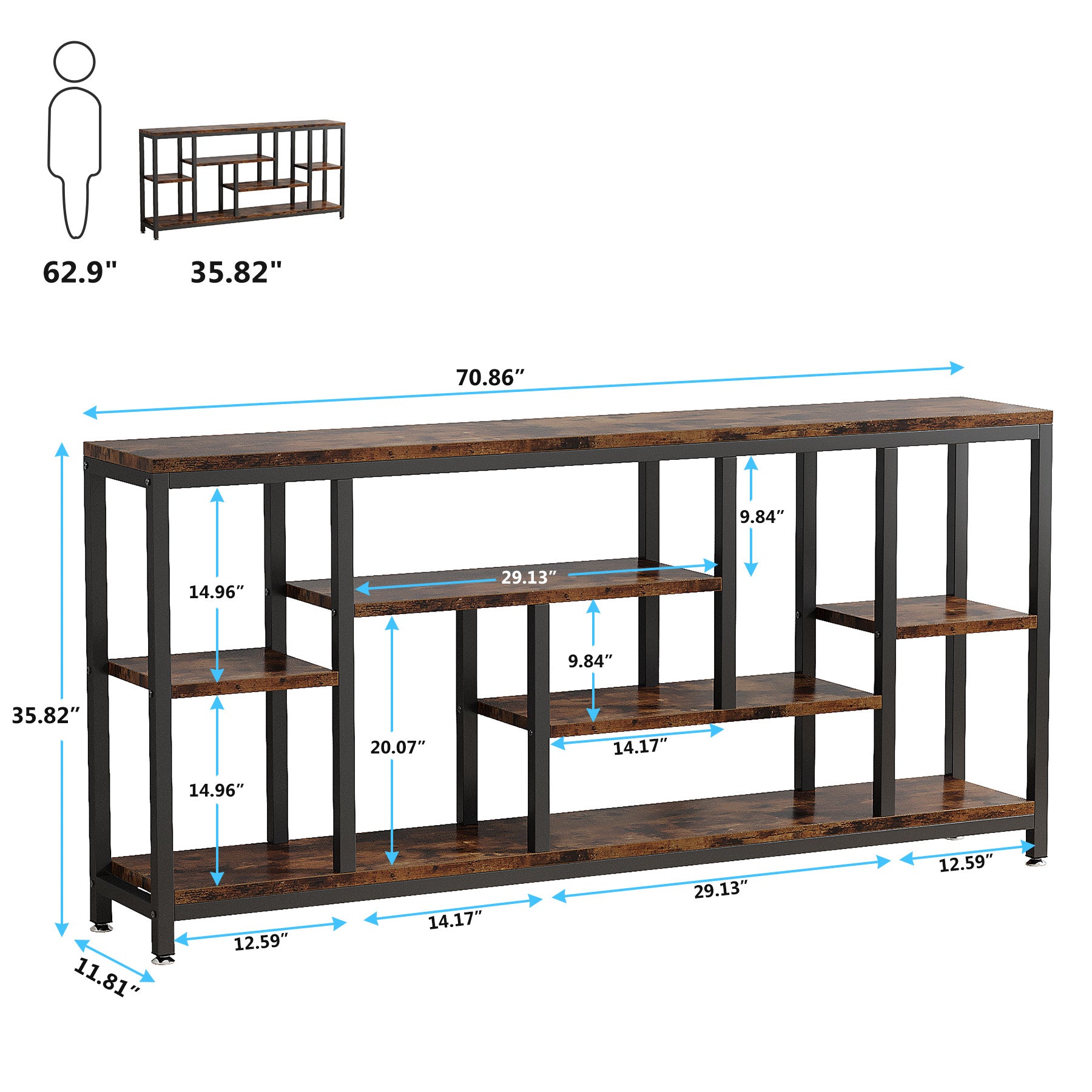 Console Sofa Table, 70.9 inch Extra Long Table Behind Couch with Storage Shelves, 3-Tier Industrial Narrow Entryway Hallway Accent Table for Living Room