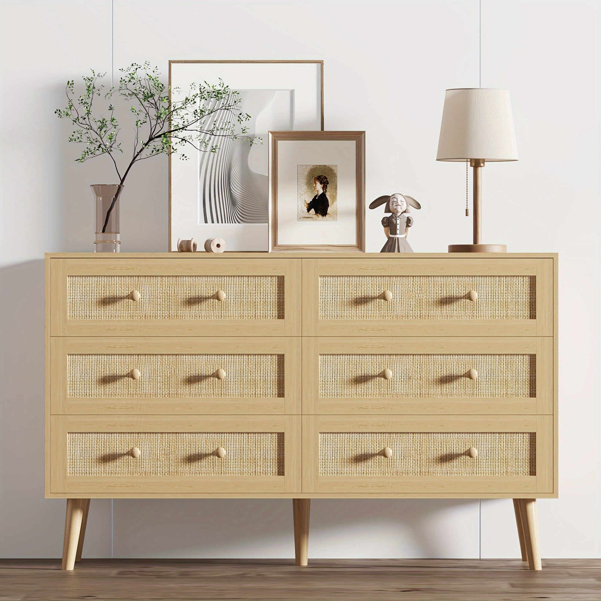 Chic Rustic 6-Drawer Dresser - Wide Wooden Double Chest with Rattan Accents, Versatile TV Stand & Clothes Organizer for Bedroom, Living Room, or Entryway