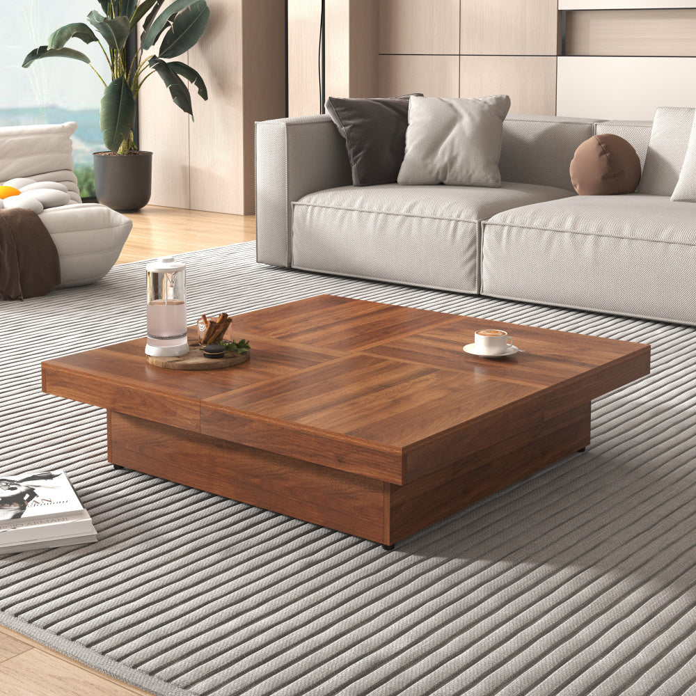 Elegant Walnut-Finish Square Coffee Table with Sliding Top & Storage - 39.4" Marble Veneer, Sturdy MDF Construction