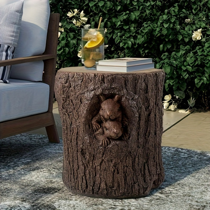 Concrete Side Table, Outdoor Side Table for Patio, 14" Squirrel Accent Table Patio Side Table End Table, Ceramic Side Table Garden Stool Log Table in Brown