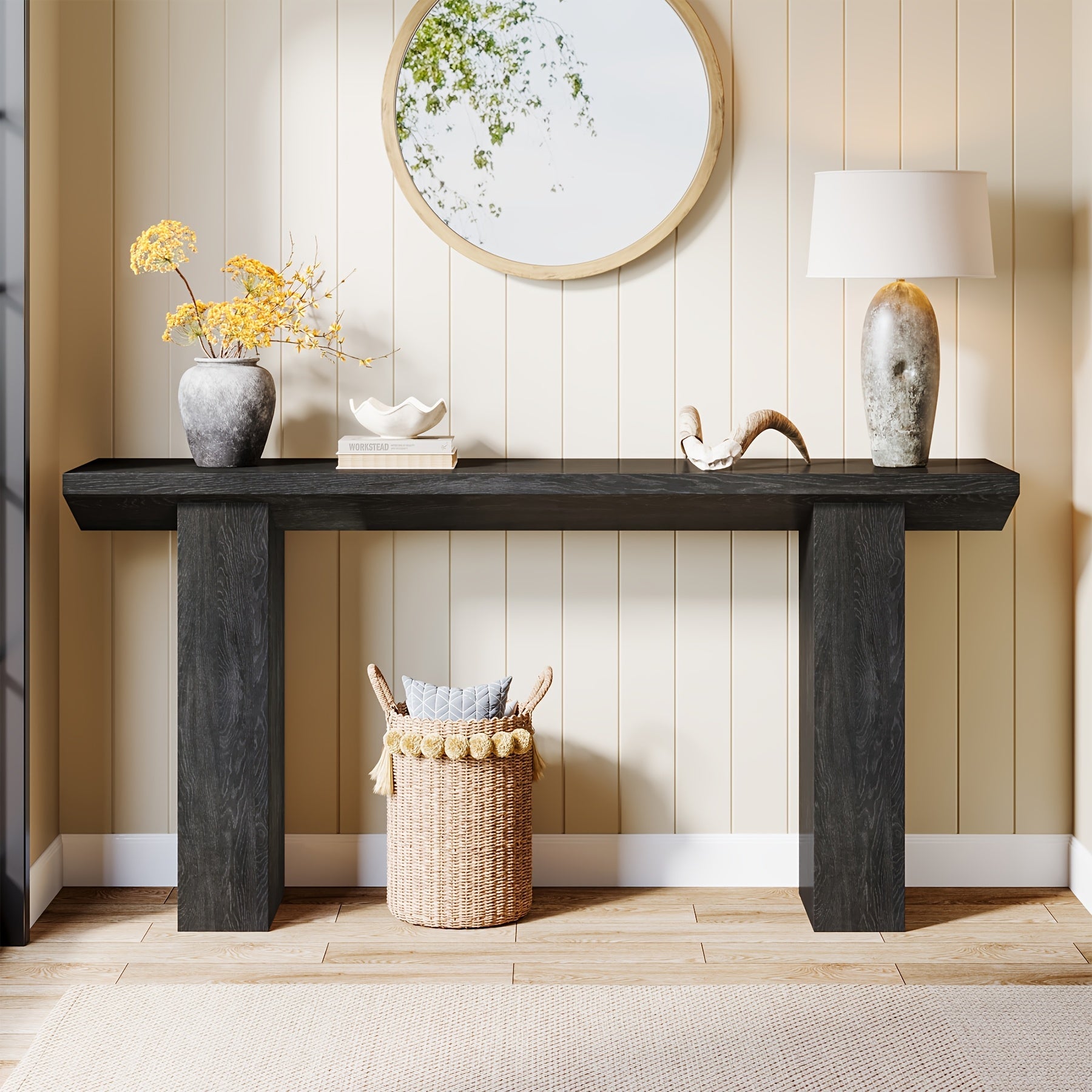 Elegant 62.99" Long Farmhouse Console Table - Stain-Resistant MDF, Black Sofa Table with Inverted Triangle Design, Ideal for Entryway, Hallway, Living Room - Durable & Easy to Assemble