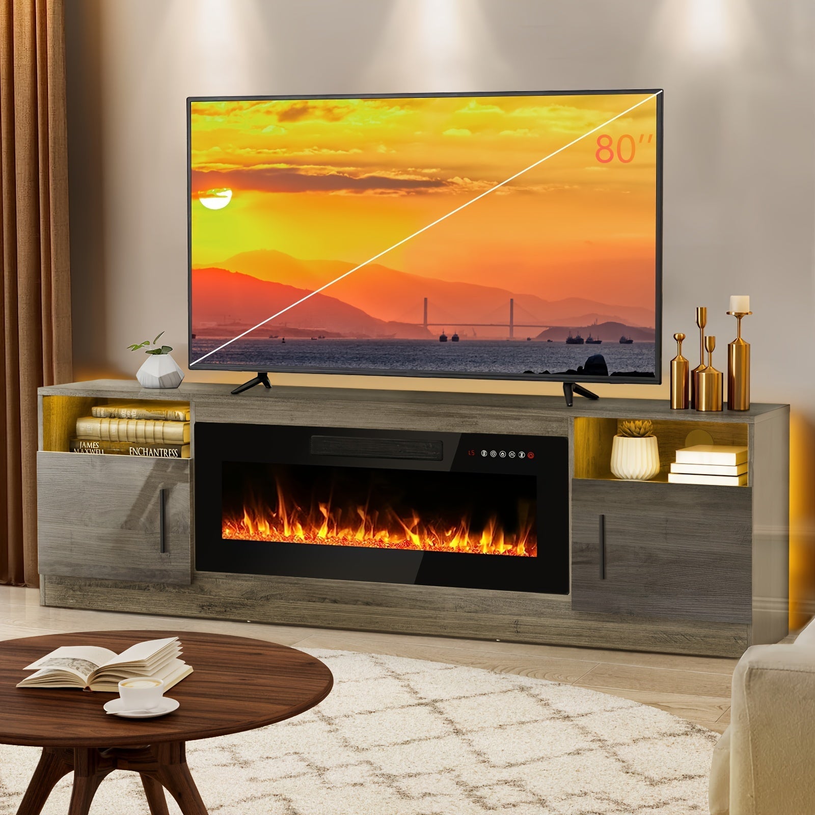 Modern Wooden TV Stand with 36" Fireplace - Fits Up to 80" TVs, LED Lighting & Storage, Highlight Cabinet for Living Room, Media TV Console, Entertainment Center