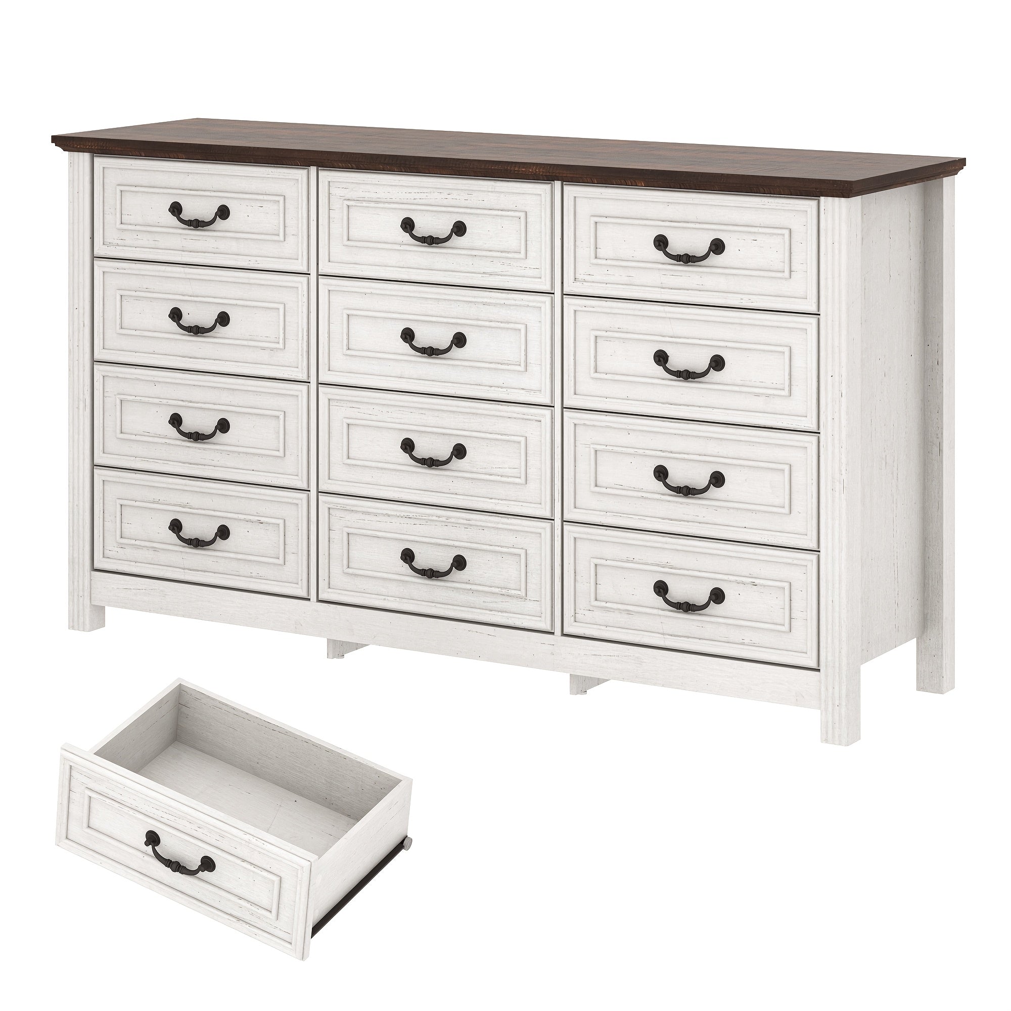 Spacious 160cm Wide Rustic Farmhouse Dresser with 12 Drawers - Vintage Wooden Chest of Storage Natural Textured Finish