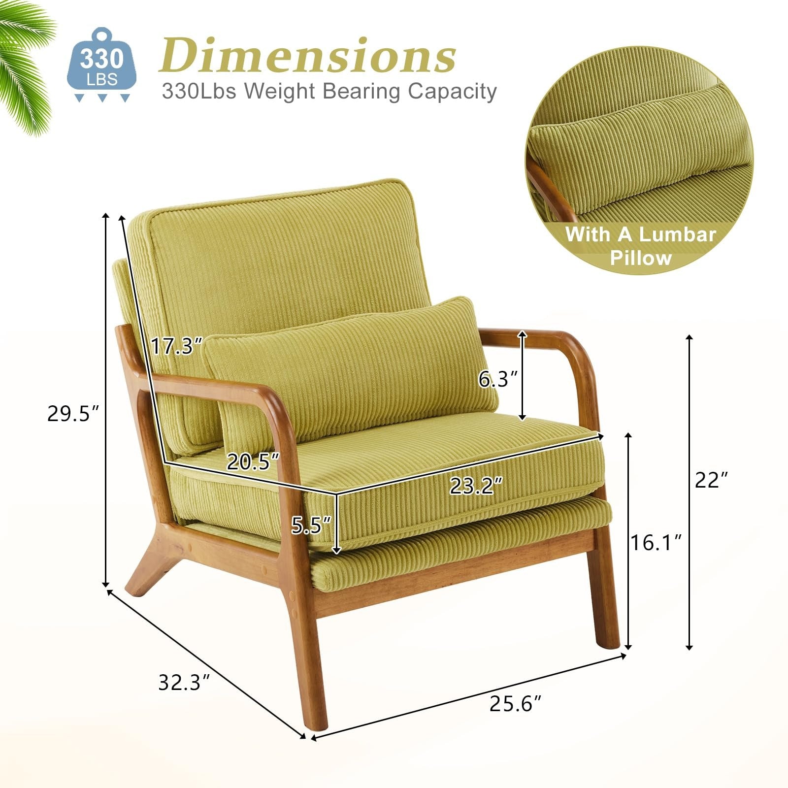 Upgraded Premium Corduroy Accent Chair,Upholstered Arm Chair,Solid Wood Comfy Reading Chair with Lumbar Pillow, Mid Century Modern Chairs for Living Room,Bedroom,Guest Room