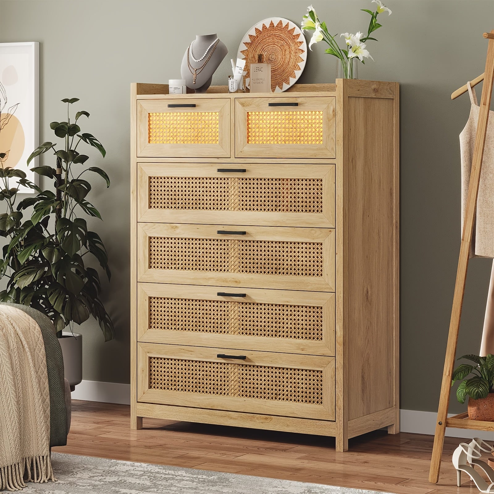 6 Drawer Dresser Natural Rattan Chests Of Drawers With LED Light Tall Dressers For Bedroom Entryway - Natural - Dresser