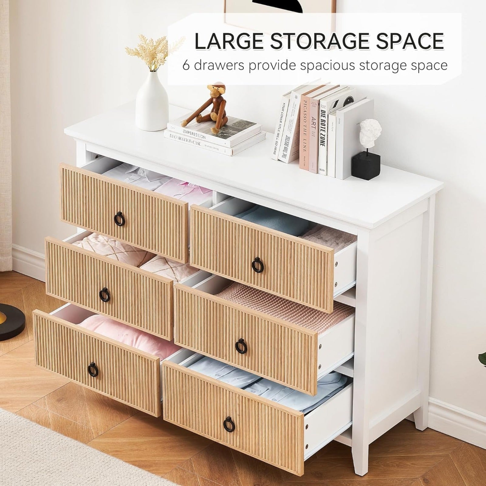 6 Drawer Dresser, 47.2" Wide Modern Chest of Drawers Bedroom and Living Room Cabinet Organizer Storage, Fluted Design Dresser Tv Stand, Closet, White Grey