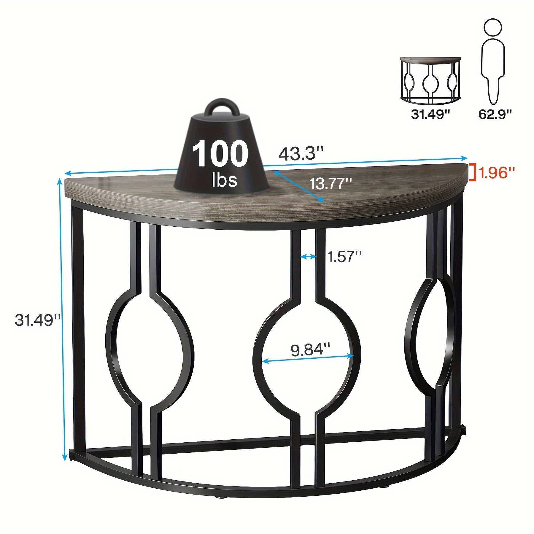 Half Moon Console Table for Entryway, 43 Inch Industrial Semi Circle Sofa Table with Geometric Base, Wood Accent Table for Living Room, Hallway, Foyer, Entrance