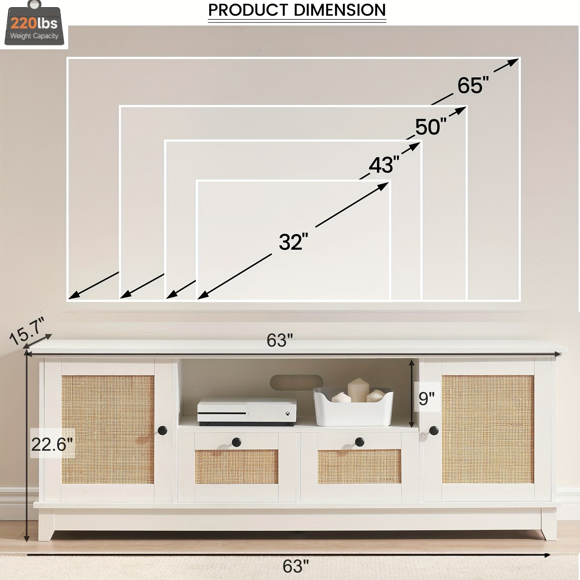 White Rattan TV Stand For 65 Inch TV, Modern Console Table With Storage For Living Room, Entertainment Center Cabinet 63 X 16 X 23 Inches, Mid Century Modern Wood TV Stand