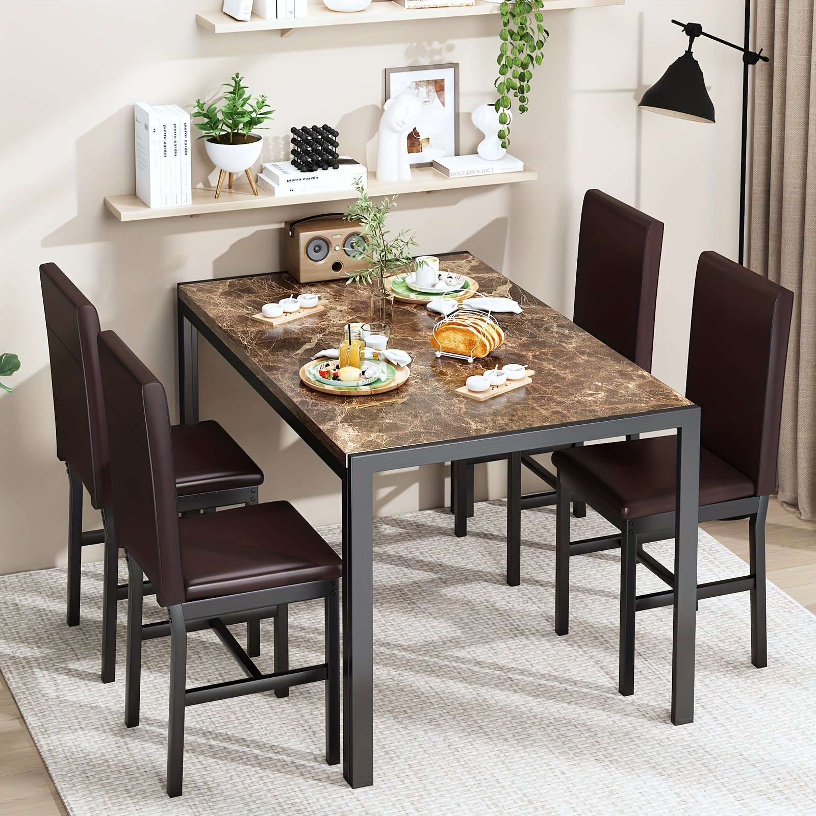 Modern Minimalist Style 5-Piece Dining Room Table Set with Faux Marble Tabletop, 4-Person Counter Height Dining Table Set with PU Leather Upholstered Chairs and Sturdy Metal Frame, Space Saving Design Bar Table Set for Living