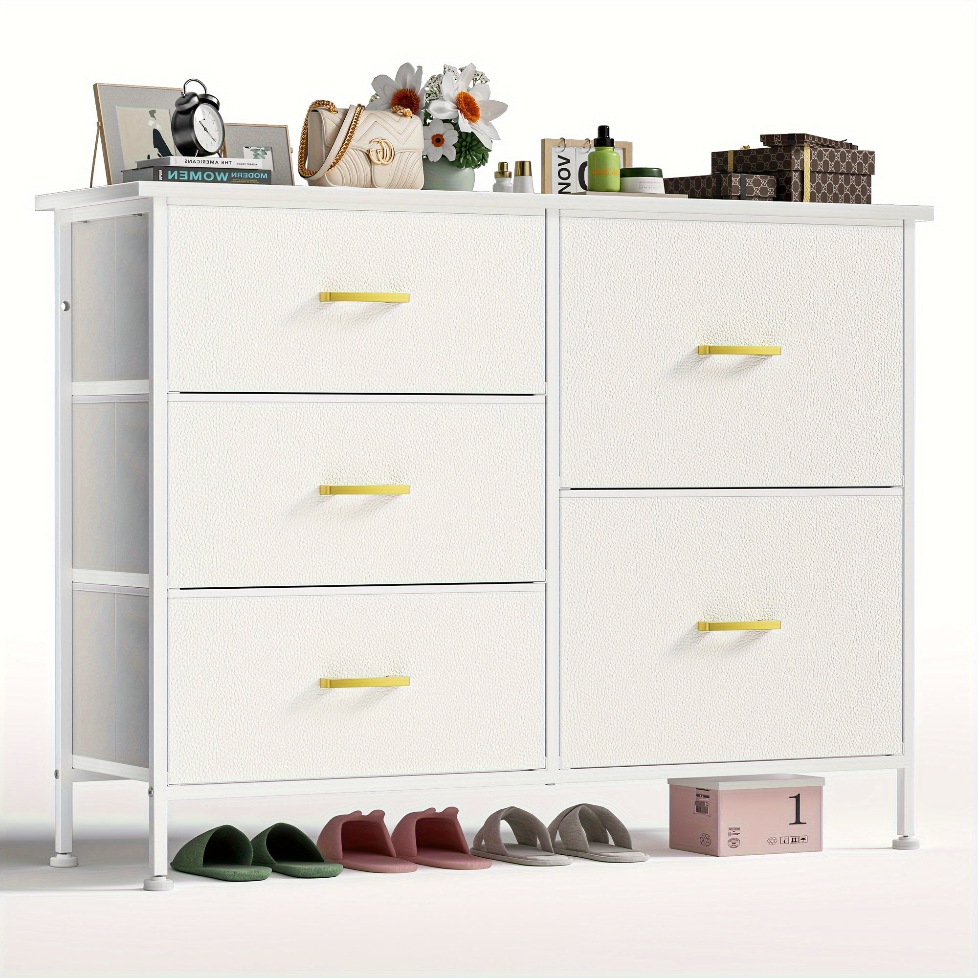 5/8/9 Drawers Dresser For Bedroom White Dresser With Fabric Drawers Chest Of Drawers With PU Finish Metal Handle