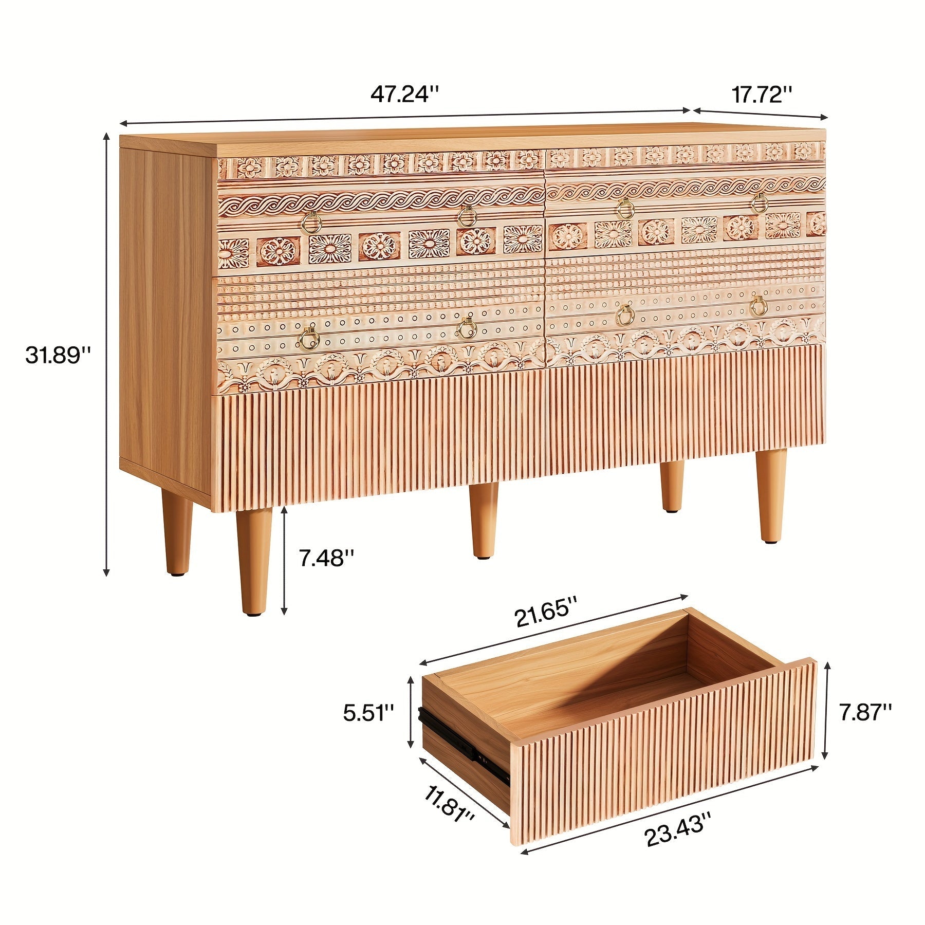 47-Inch Boho Accent Dresser, Double Wide Chest Of Drawers With 6 Carved Drawers, 6-Drawer Dresser Wooden Storage Dresser With Golden Metal Handles & Legs For Bedroom, Living Room