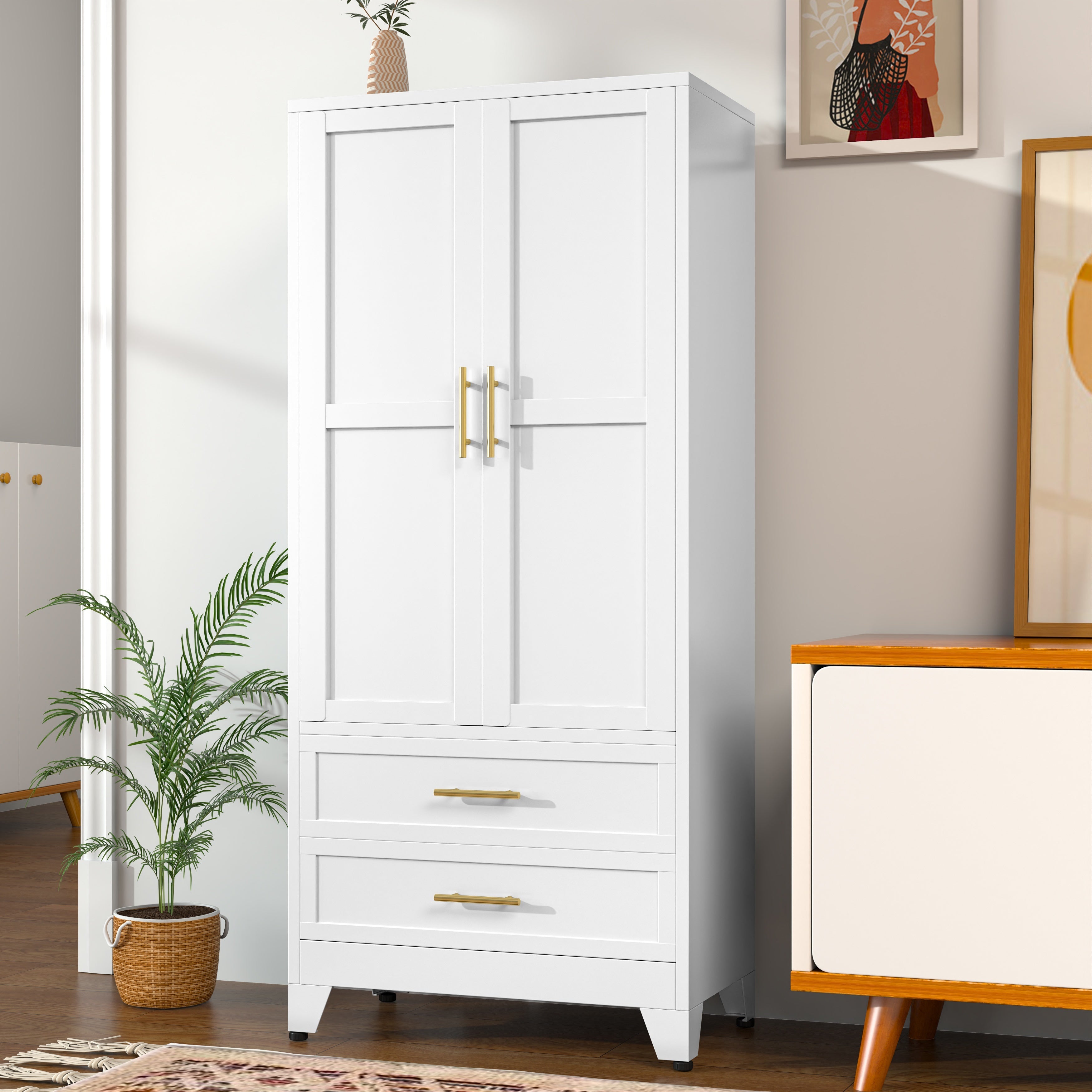 Modern Freestanding Wardrobe Armoire with Two Drawers