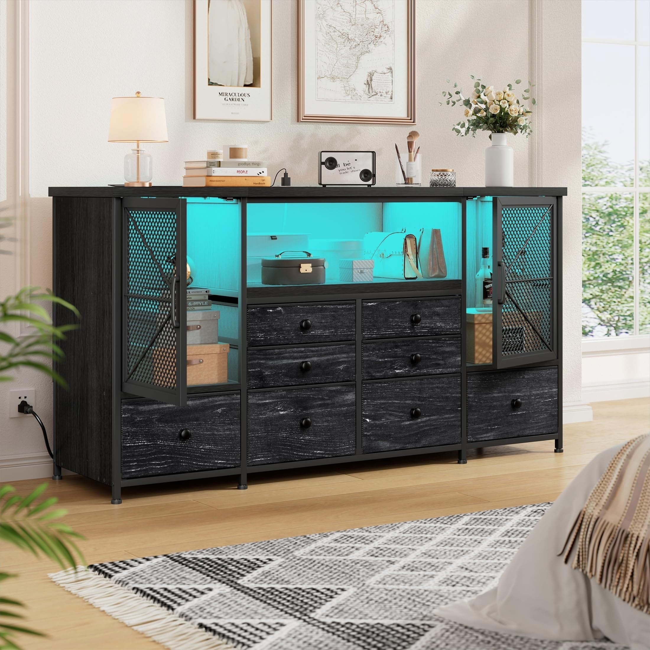 Dresser With Mesh Door, Dresser For Bedroom With 8 Fabric Drawers 49.2" W Bedroom Dresser TV Stand With LED Lights & Power Outlet, Long Dressers & Chest Of Drawers For Closet