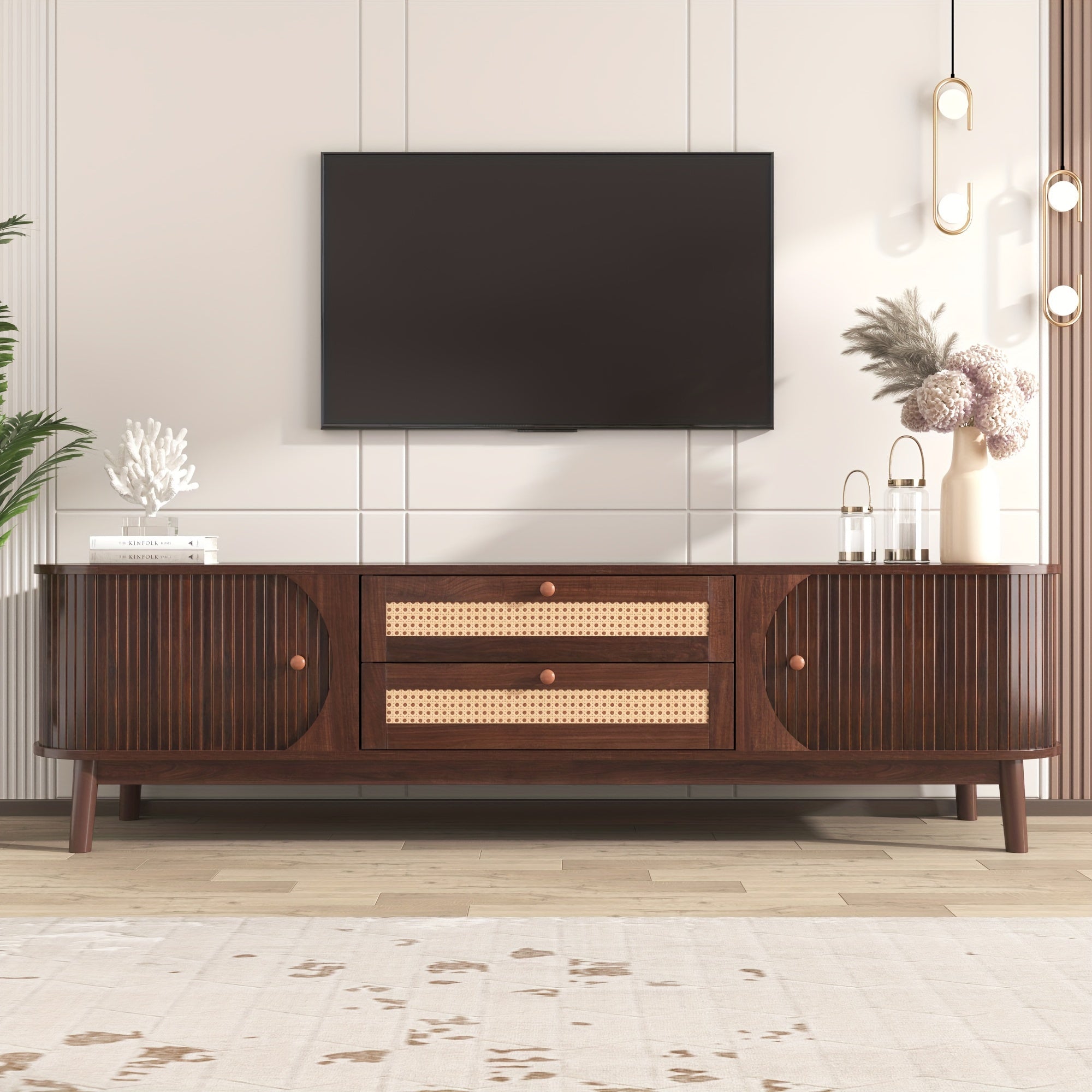 Sleek Storage, Merax Rattan TV Stand - Modern Media Console with Solid Wood Legs, Cable Management, Supports Up to 75" TVs, Easy Assembly