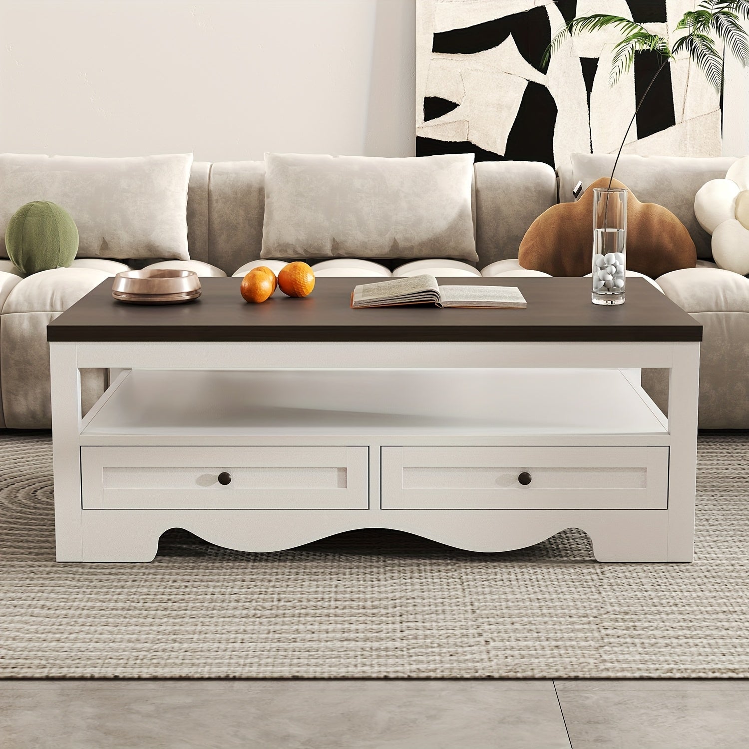 White Barn Door Coffee Table, Rustic Storage Table With Drawers, Living Room Coffee Table With Spacious Storage, White